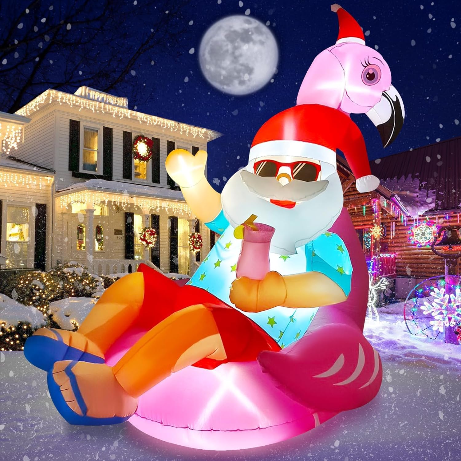 Kalolary Christmas Inflatable Santa Claus Flamingo, 7.3FT Long Christmas Outdoors Decorations with Build in LED Lights Blow Up Yard Decoration Flamingo Inflatable for Garden Lawn Indoor Outdoor Decor Hawaiian Santa Flamingo