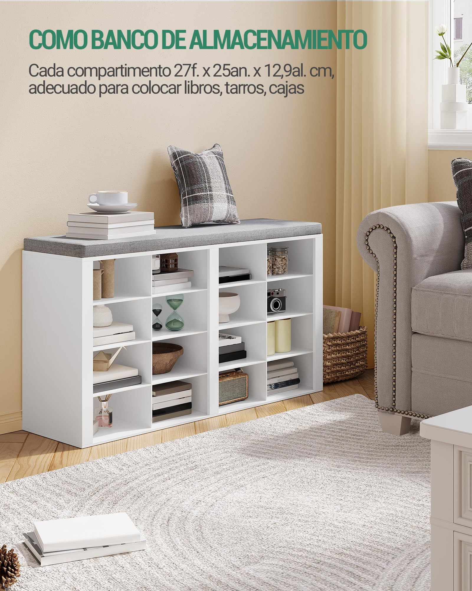 Hzuaneri Banco Zapatero con Acolchado, 16 Compartimentos, Blanco | Mueble Zapatero, 30 x 104 x 59 cm, para Salón, Pasillo, Dormitorio, SB25603GY
