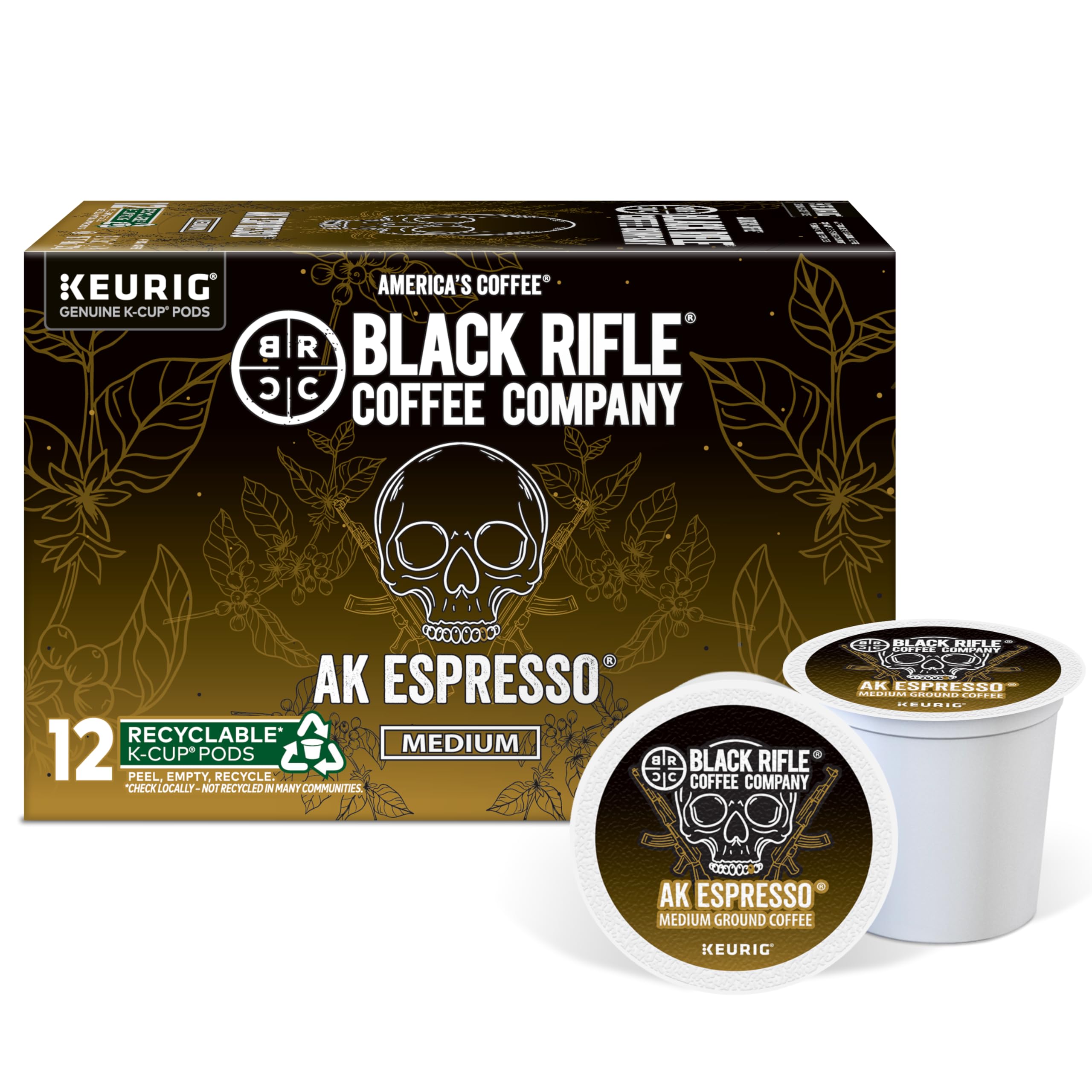 Black Rifle Coffee Company AK Espresso, 12 Count, Medium Roast K Cups - Single Serve K Cups Coffee Pods - Kcup Pods Compatible with Keurig 1.0 & 2.0 - Made from Arabica Beans
