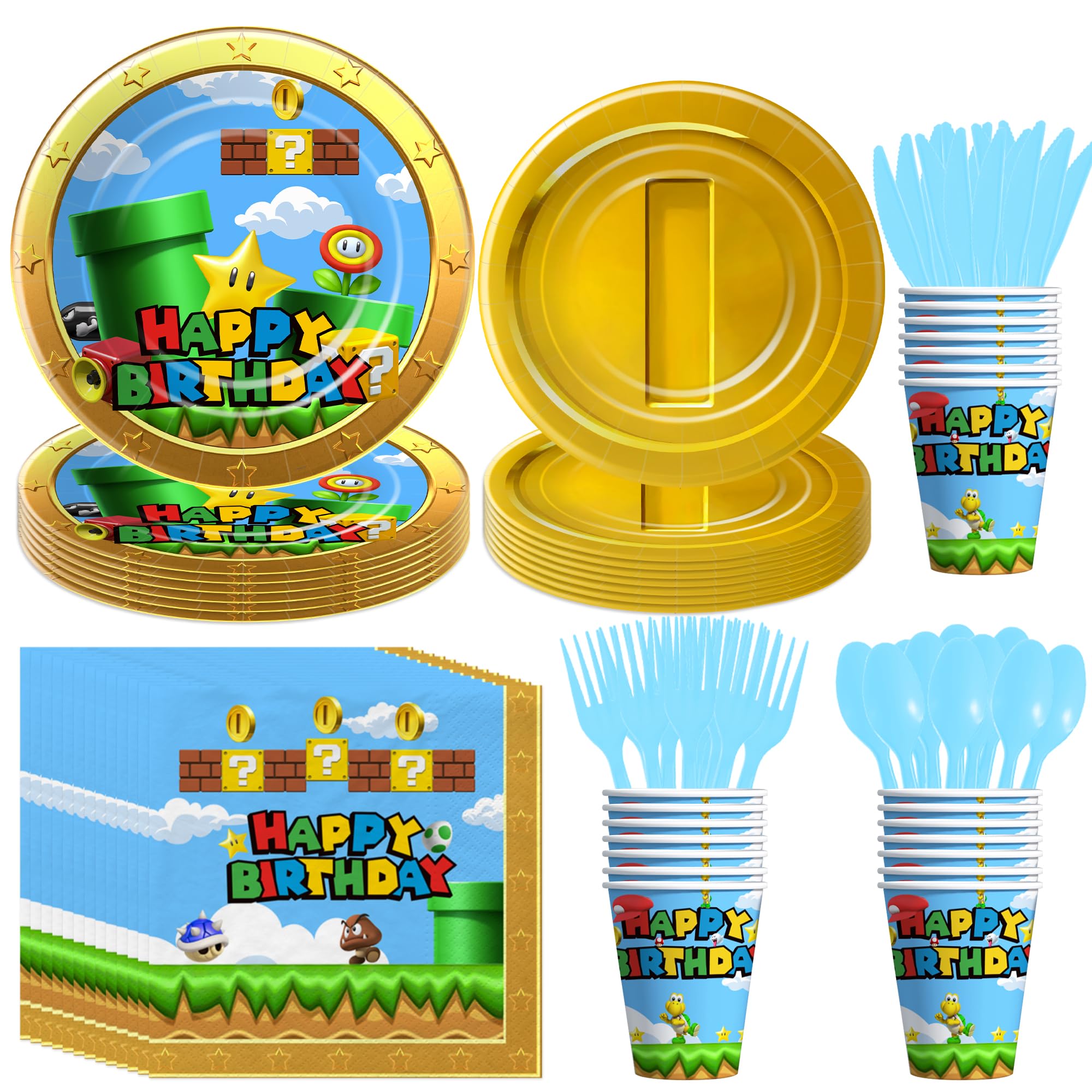 Super Cartoon Brother Birthday Party Supplies Tableware - Super Theme Brothder Party Decorations, Paper Plate, Cup, Napkin, Tablecloth, Cutlery, Super Video Game Party Supplies | 24 Guests