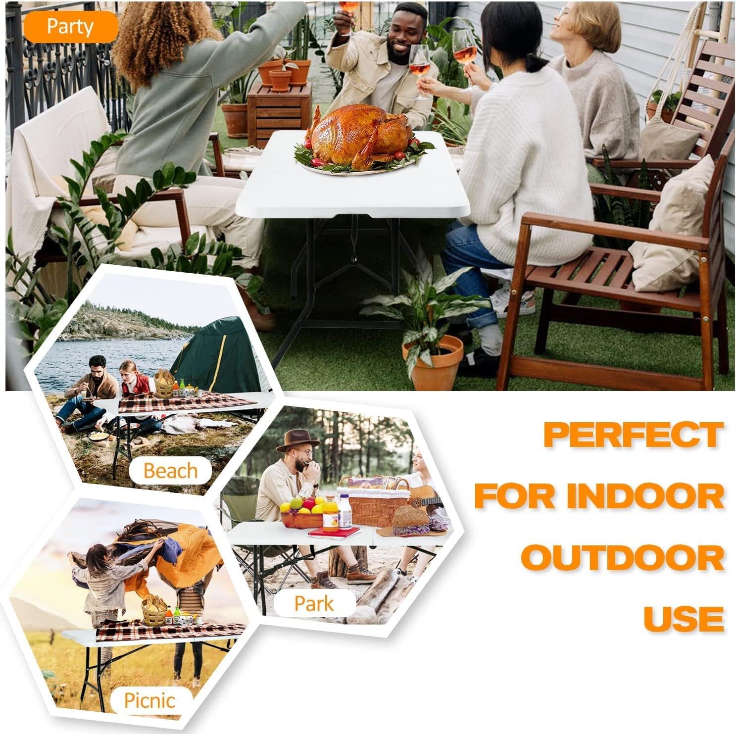 NChanmar Folding Table,Portable Plastic Table 6ft Outdoor Indoor Picnic Table for Camping Picnic Party BBQ Lightweight Table for Outdoor 71"x29"x29"