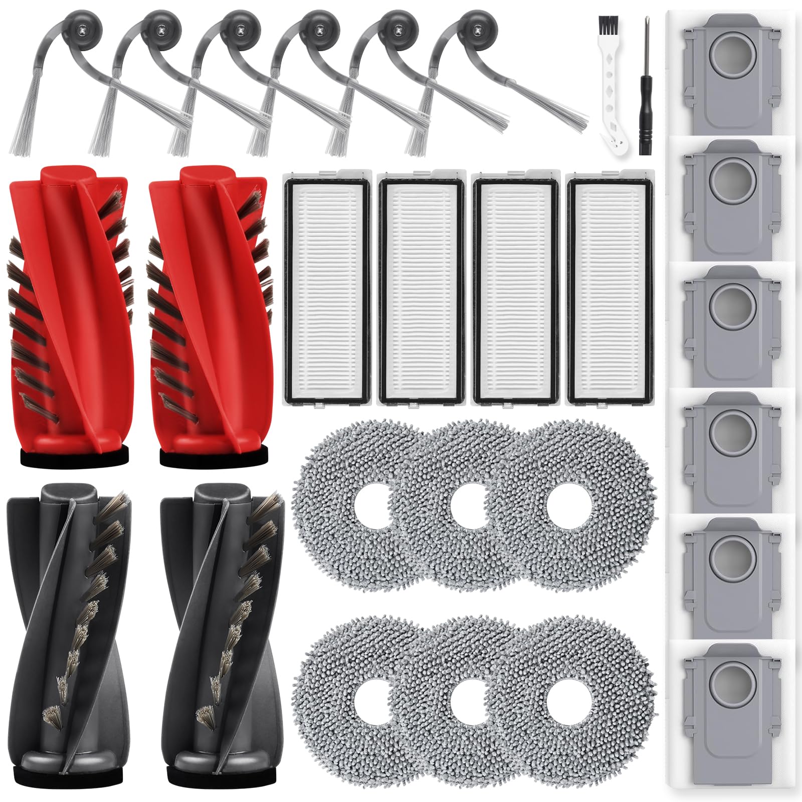28 Stück Zubehörset für Roborock Qrevo Curv/Qrevo Edge/Qrevo S5V Saugroboter mit 2 Paar Hauptbürsten 6 Wischtücher 4 Filtern 6 Staubbeuteln 6 Seitenbürsten 1 Reinigungsbürste 1 Schraubendreher