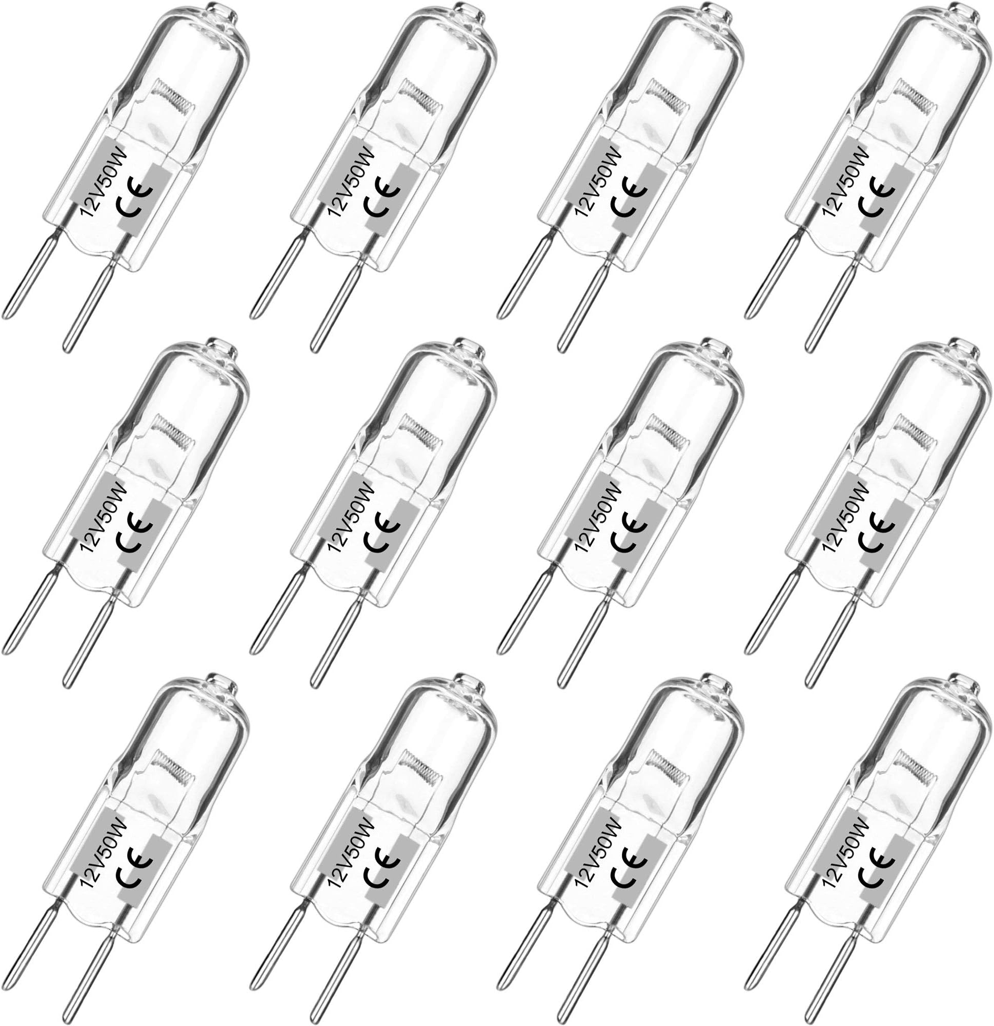 12 Pack GY6.35 Halogen Bulbs Bi-Pin 12 Volt 50 Watt, Replacement T4 Tubular JCD Type Bulbs for Ceiling Lights,Table Light,Cabinet Lights
