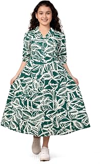 Fashion Dream Girls Rayon Leaf Printed Midi Dress|Western Dress for Girls|Kid Frock Price In India