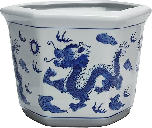 Red Lantern Maceta de porcelana azul y blanca de dragón de 10"