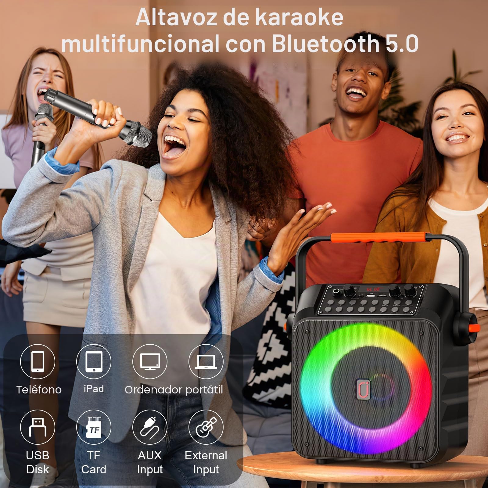 HWWR Karaoke Profesional Inalámbricos, Máquina de Karaoke Portátil con Micrófonos Inalámbricos para Adultos y Niños, Luces LED,USB/TF/AUX/Rec, Karaoke Compatible con Android/iPad/TV/PC