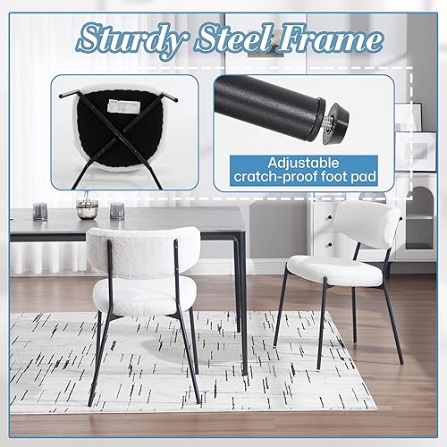 Miniatura 5 de KCC Boucle - Juego de 4 sillas de comedor, modernas sillas de cocina tapizadas de mediados de siglo, sillas de comedor de sherpa con patas de metal