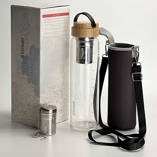 Miniatura 8 de Botella de agua de vidrio de 32 onzas con tapa de bambú y funda de neopreno, botella de agua fría de apertura amplia (original)