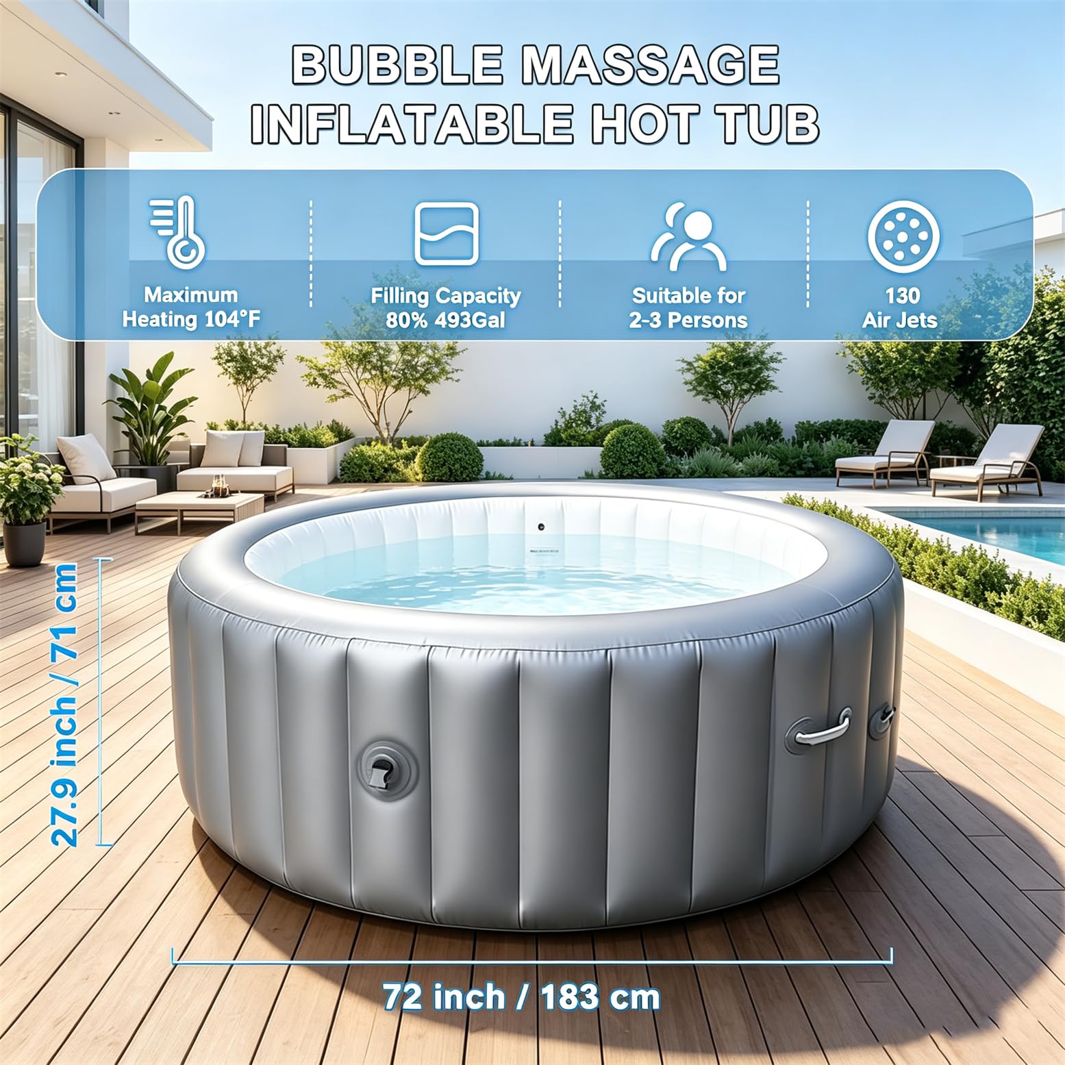 Jacuzzis Inflable para 2-4 Personas | Spa Portátil De Hidromasaje De Burbujas Para Exteriores 1400W Con 150 Chorros De Aire Y Cubierta Térmica,Para Jardín Y Patio