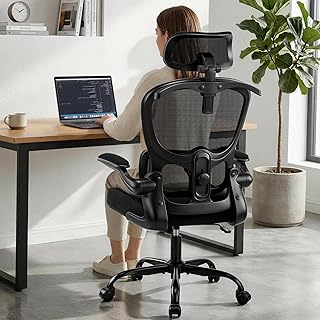 Bürostuhl, Ergonomisch mit Kopfstütze und Verstellbarer Lendenwirbelstütze, Mesh Drehstuhl für Homeoffice bis 150kg, Höhenverstellbarer Computerstuhl mit Rollen, Schwarz