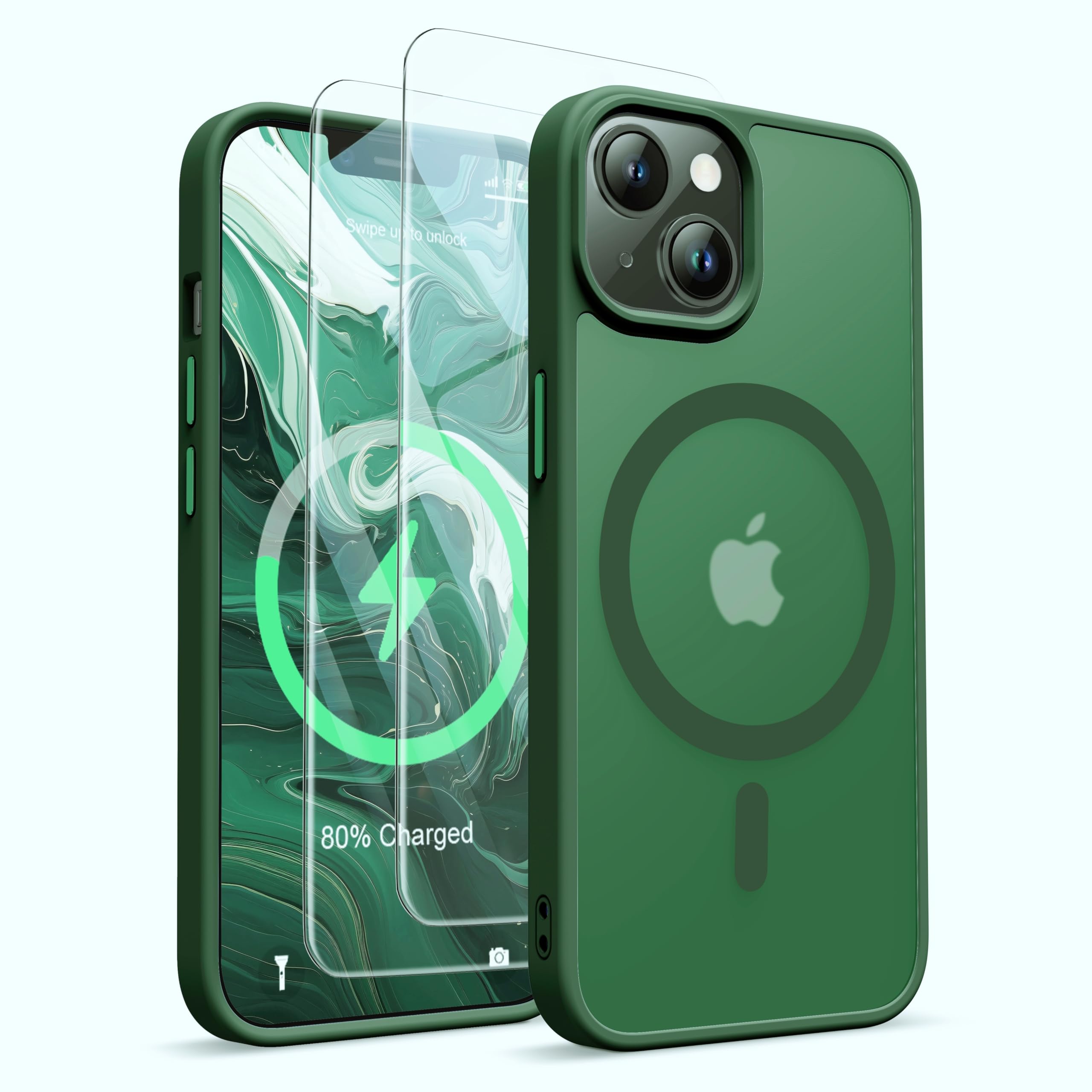 ORETECH Magnetica Opaca Cover per iPhone 14,Custodia iPhone 13 con 2X Vetro Temperato per Cellulare Protettiva Antiurto Protezione Militare Custodia per iPhone 14/13-Verde Scuro
