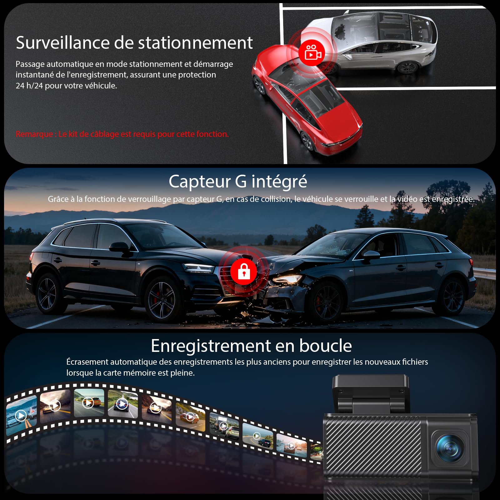 4K Dashcam Voiture GPS, Avant Arrière 4K+2.5K, Écran IPS 3,16 Pouces, Carte SD 64Go,Vision Nocturne, Stationnement 24H, Capteur G, Grand Angle 170°, WDR, Installation Facile
