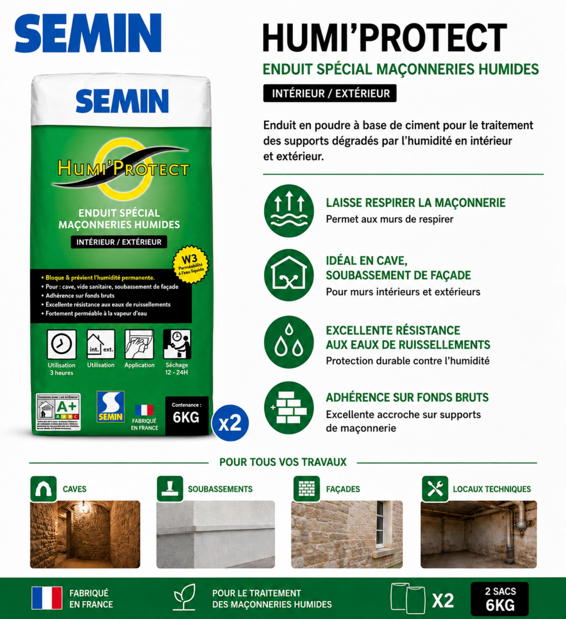 Semin Humi’Protect - Enduit Ciment Anti-Humidité - Traitement Maçonneries Humides - Intérieur & Extérieur - Cave, Sous-Bassement & Façade -Lot de 2 Sacs de 6 kg