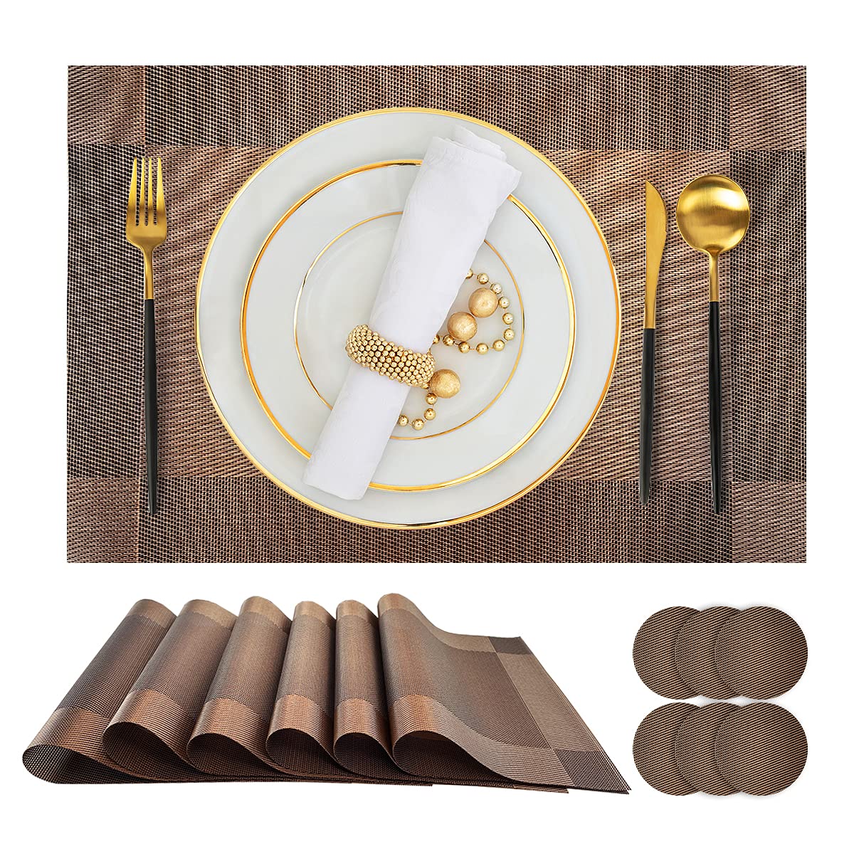 Placemats,PVC Non-Slip Placemat,Heat Resistant,Washable,Durable,Placemats Set of 6,for Kitchen Table Or Dining Table,Placemats for Family (Brown)