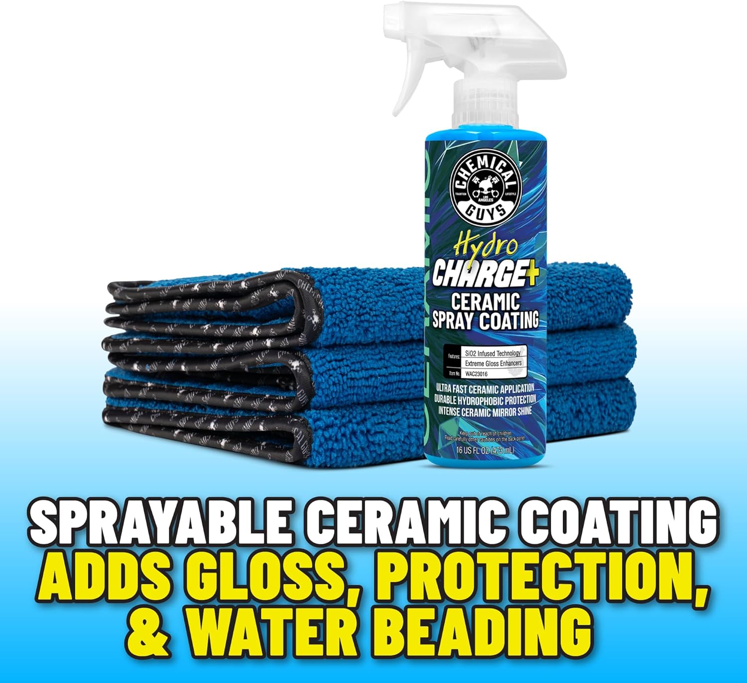 Chemical Guys Hydro Charge Ceramic Spray Coating 16 Fl Oz, with Monster Extreme Microfiber Towels (3 Pack) High Gloss Paint Protection Spray with Thick Plush Towels for Car Wash Drying and Detailing