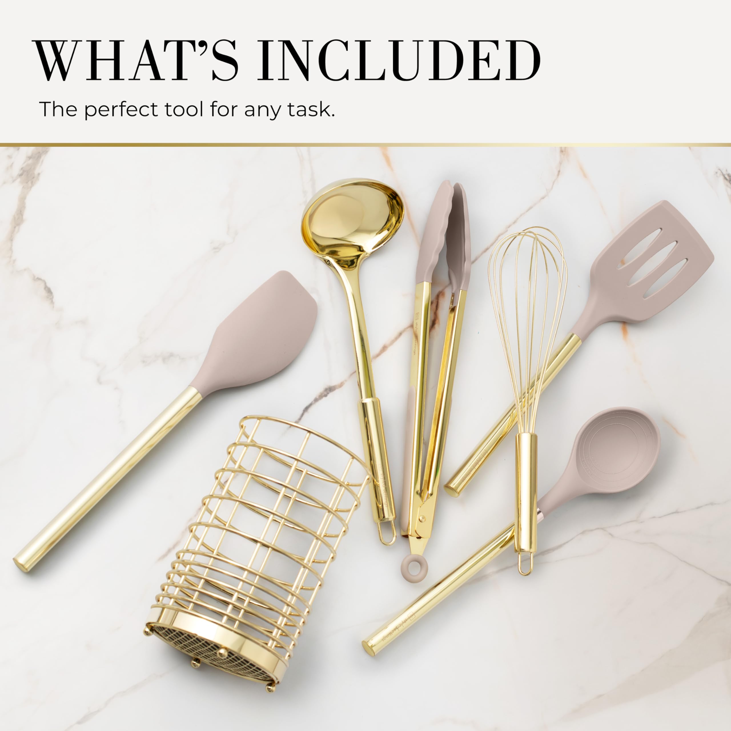 Küchenutensilien-Set, 7-teilig, Beige und Gold, ungiftiges Silikon und Edelstahl, zum Kochen, Servieren und Hosting, ideal für antihaftbeschichtetes Kochgeschirr und moderne Küchen, mit goldfarbenem