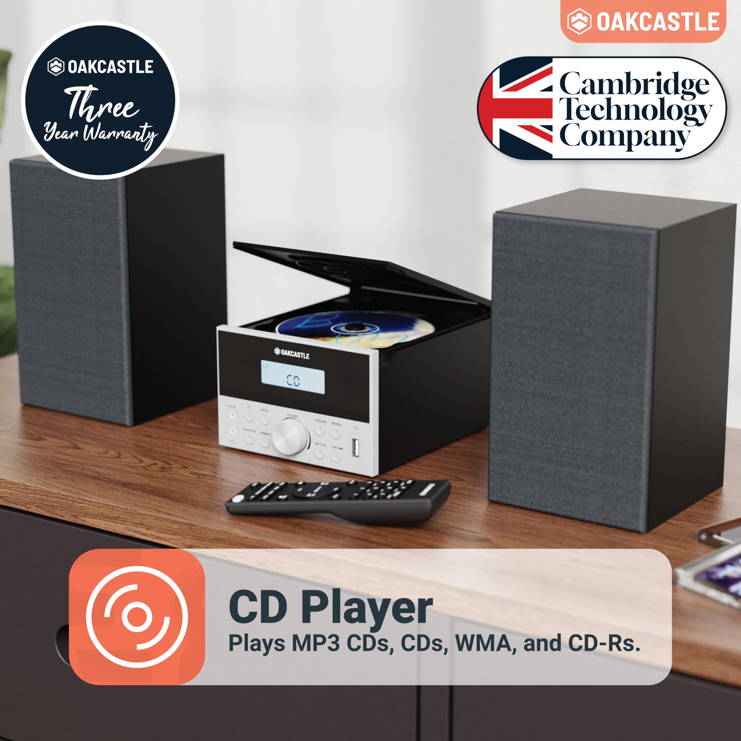 OAKCASTLE HIFI150 Stereo Bluetooth 5.2 HiFi System 20W CD Player FM Radio Wooden Compact