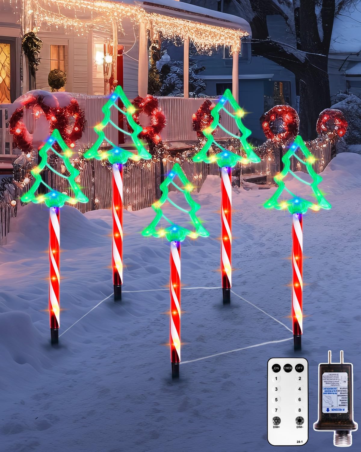 5 Packs Christmas Pathway Lights - Waterproof Candy Cane Christmas Tree Stake Lights with Remote Control Outdoor Xmas Decoration Lamp with 8 Modes, Timer& Memory Function, US Plug