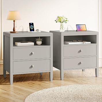 Huuger Grey Nightstand Set of 2, Night Stand with Charger Station | Bedside Table with 2 Drawers, Bed Side Tables for Bedroom, Modern Nightstands, Metal Knobs, Painted Surface