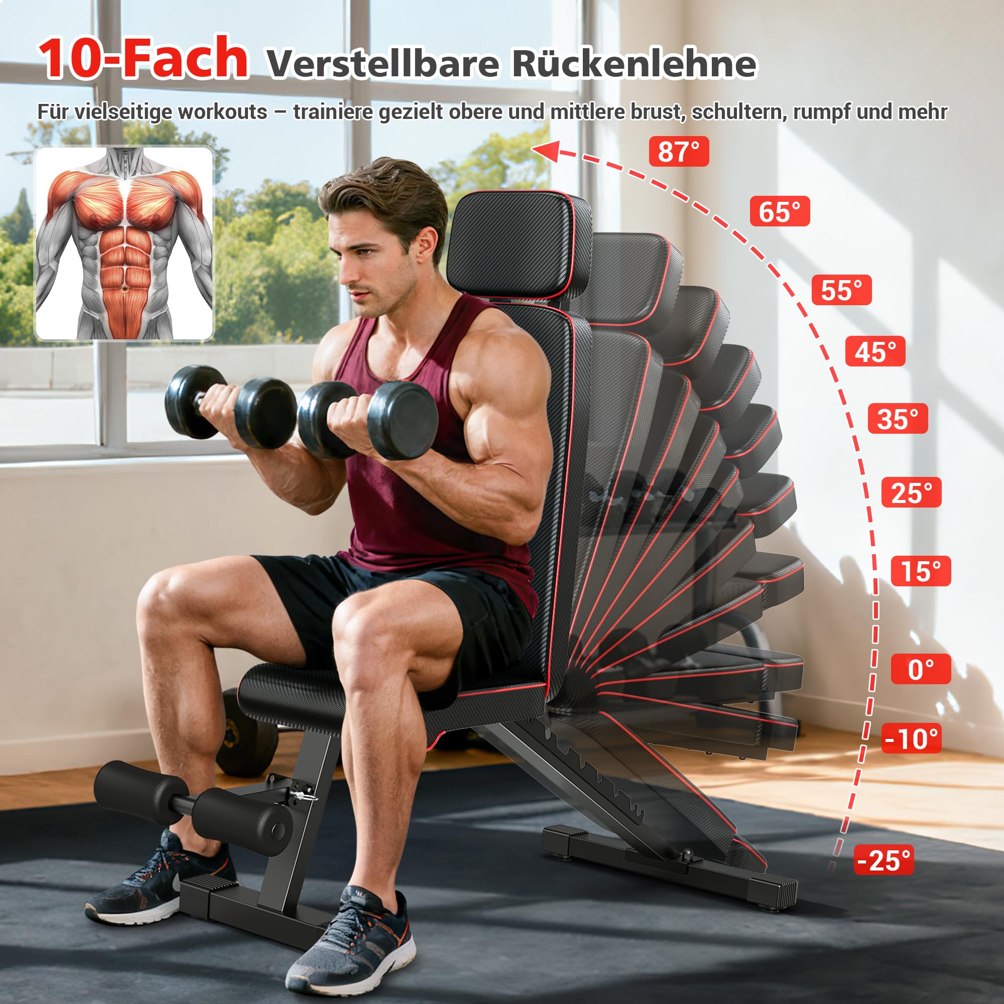 XDDIAS Hantelbank, 10-fach verstellbare Trainingsbank mit verlängerte Kopfstütze, klappbare bis 360 kg, Schräg-, Flach- & Negativbank für Heimfitness, kompakte Fitnessbank für kleines Zuhause