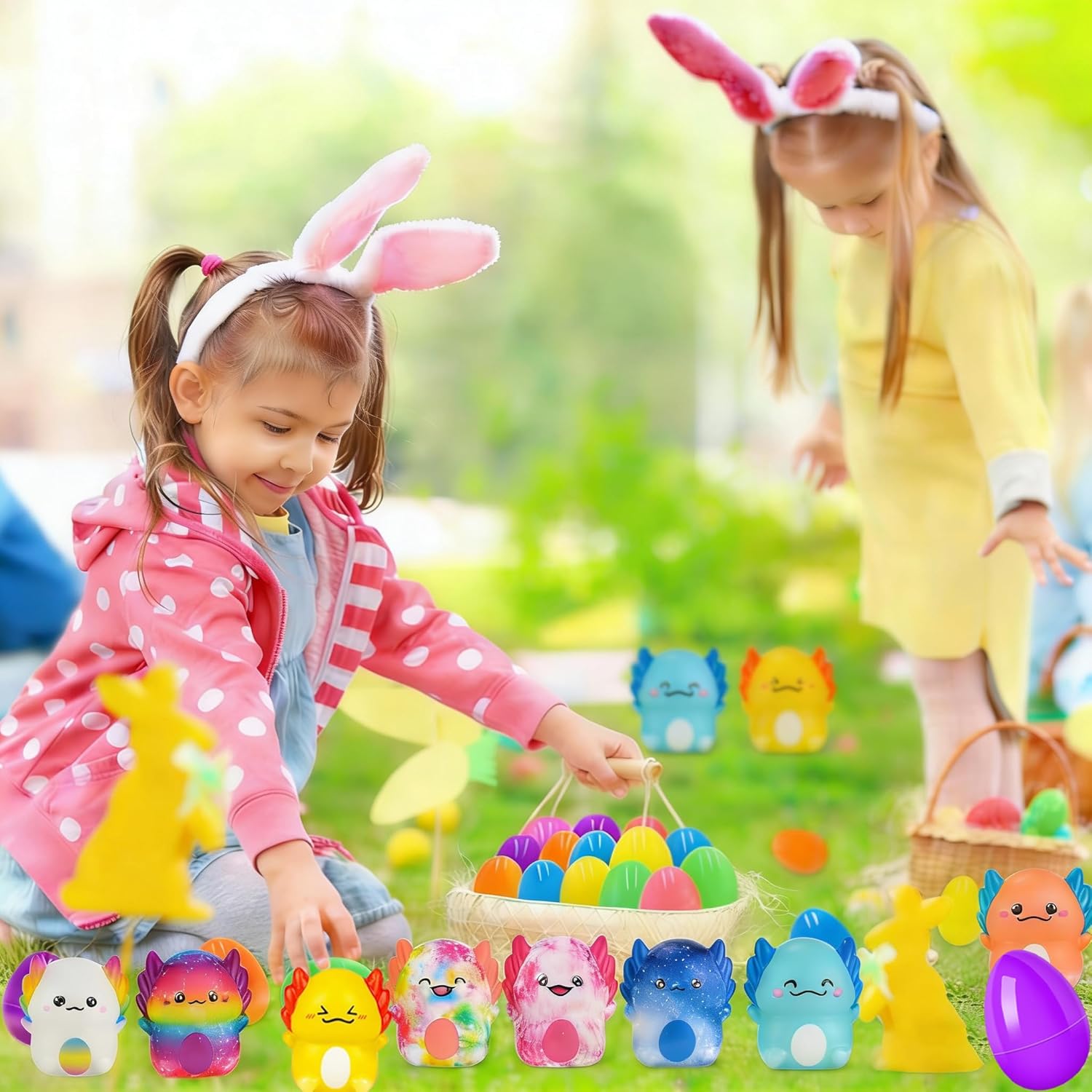 24 Pack Prefilled Easter Eggs with Squishy Toys Easter Basket Stuffers Stuffed Easters Eggs Filled Easters Egg Fillers Egg Hunt Party Favors for Kids Boys Girls