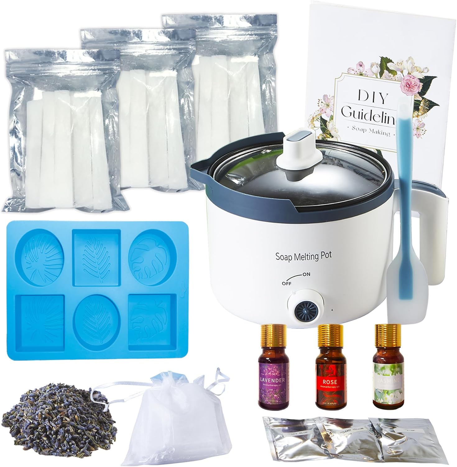 PIUH Soap Making Kit, DIY Soap Making Supplies Includes Electronic Soap Melter, Soap Base & Cutter, Silicone Molds & Scraper, 3 Fragrance Oils, 3 Dyestuffs and Lavender Petals