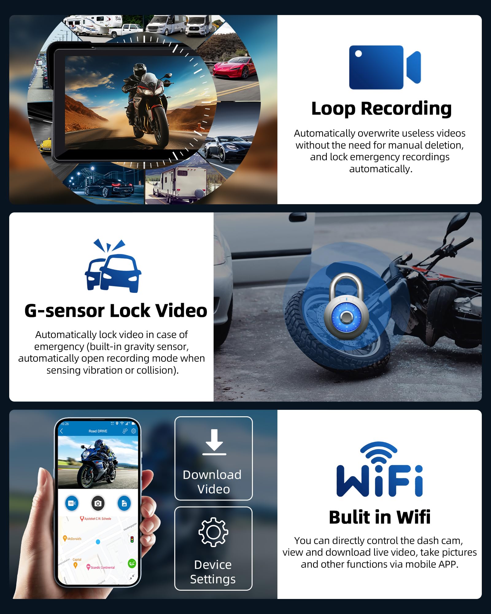 Jansite Moto Carplay Android Auto con cámara de salpicadero 2K delantera trasera, dispositivo de navegación de 7 pulgadas, IP67 resistente al agua, doble pantalla Bluetooth, grabación continua 64 G TF