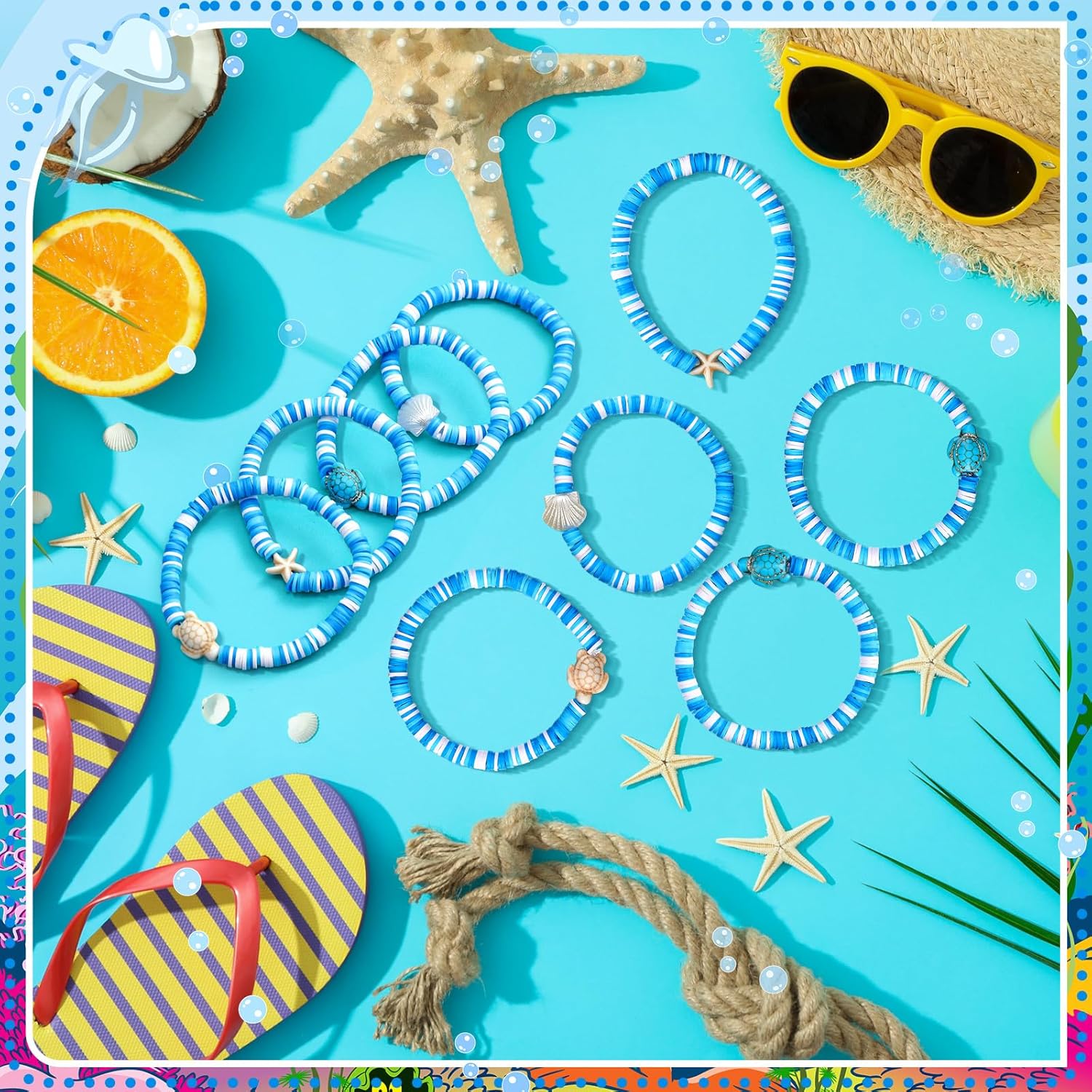 24 Pcs Under the Sea Party Favors Ocean Polymer Clay Beaded Bracelets Bulk Shell Turtle Starfish Ankle Bracelets for Under the Sea Themed Birthday Summer Beach Party Supplies - Image 5