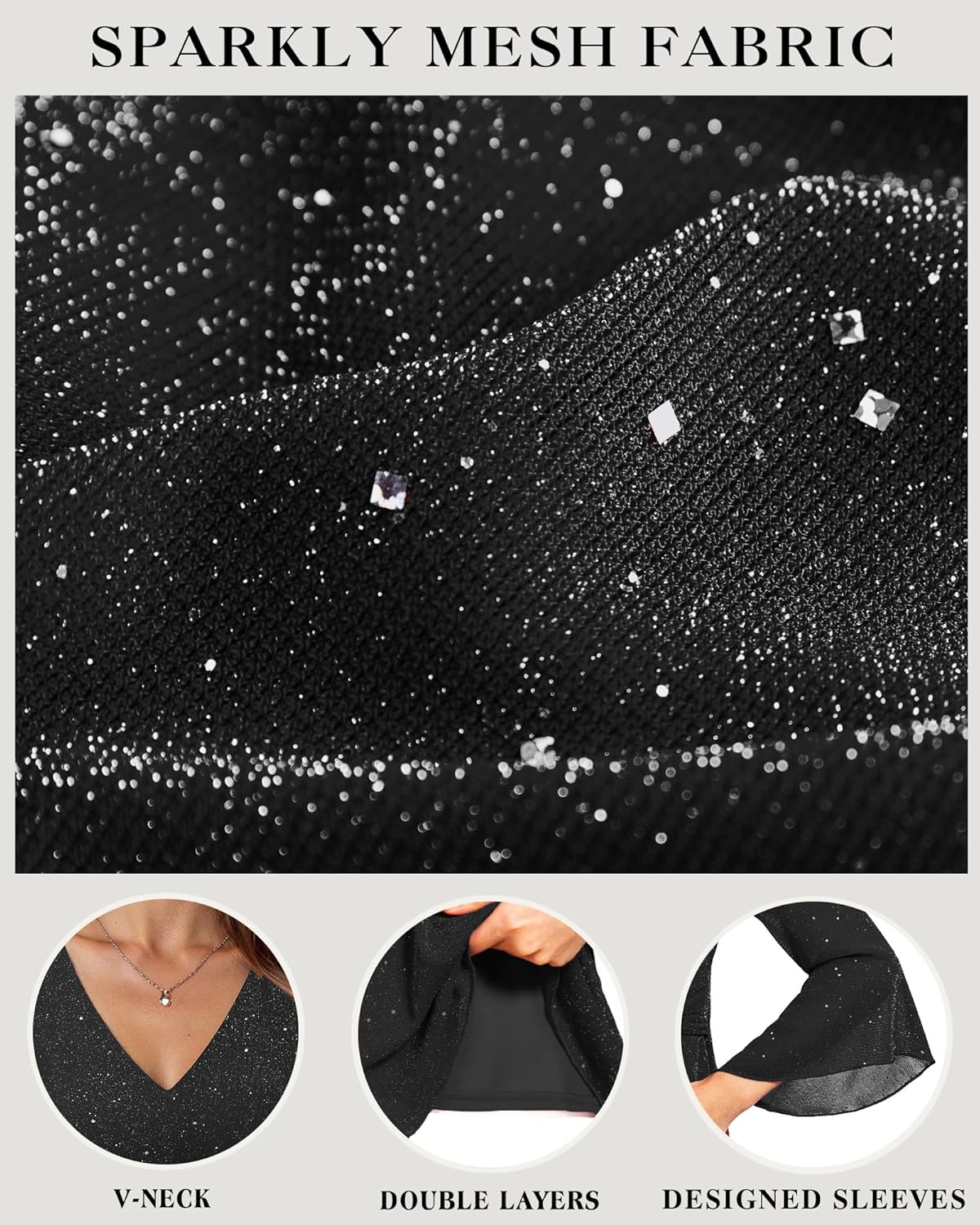 VALOLIA Womens Sparky Tops 3/4 Sleeve Glitter Sequin Shiny Dressy Blouses V Neck Party Evening Cocktail Shirts - Image 5