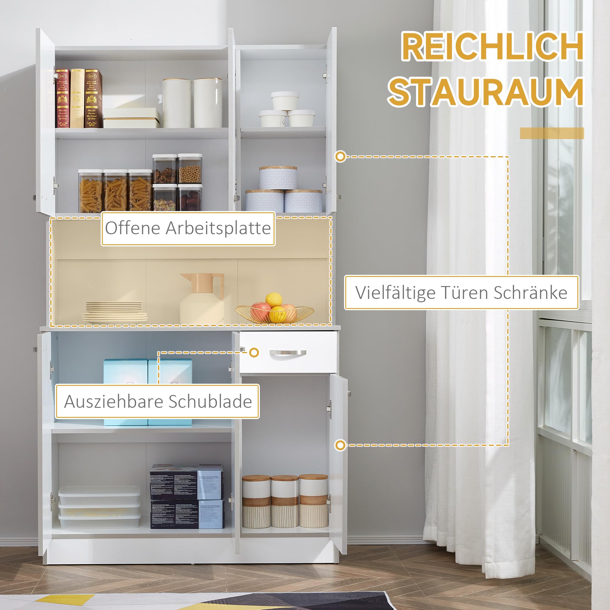 HOMCOM Küchenschrank, Hochschrank mit Schubladen, verstellbaren Einlegeböden, Küchenbuffet mit Mikrowellenregal für Wohnzimmer, Esszimmer, 101 x 39 x 180 cm, Weiß