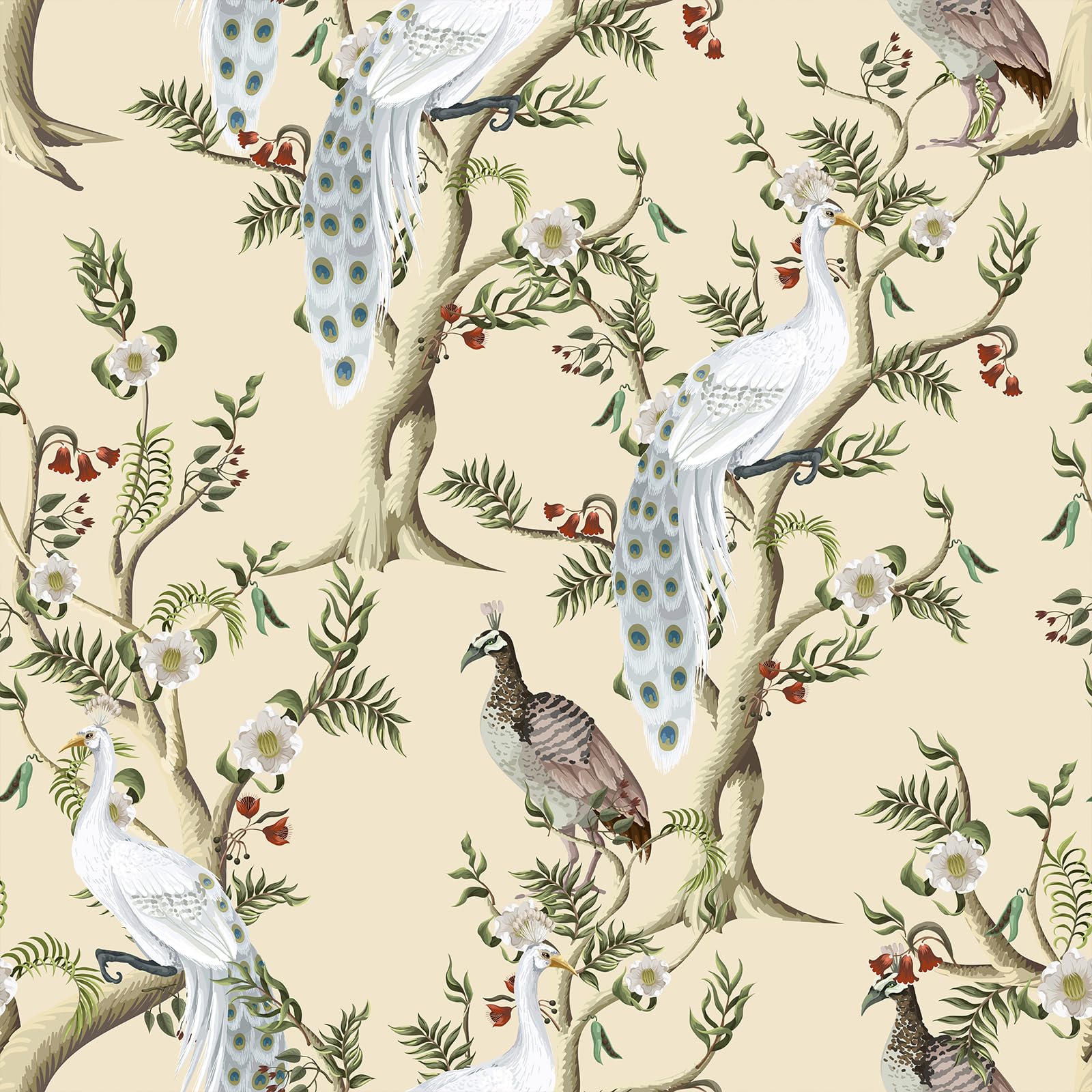 VEELIKE Vintage Peacock Peel and Stick Beige Chinoiserie Floral Wallpaper for Bedroom Bathroom 17.7''x118'' Bird Wallpaper Prepasted Beige Contact