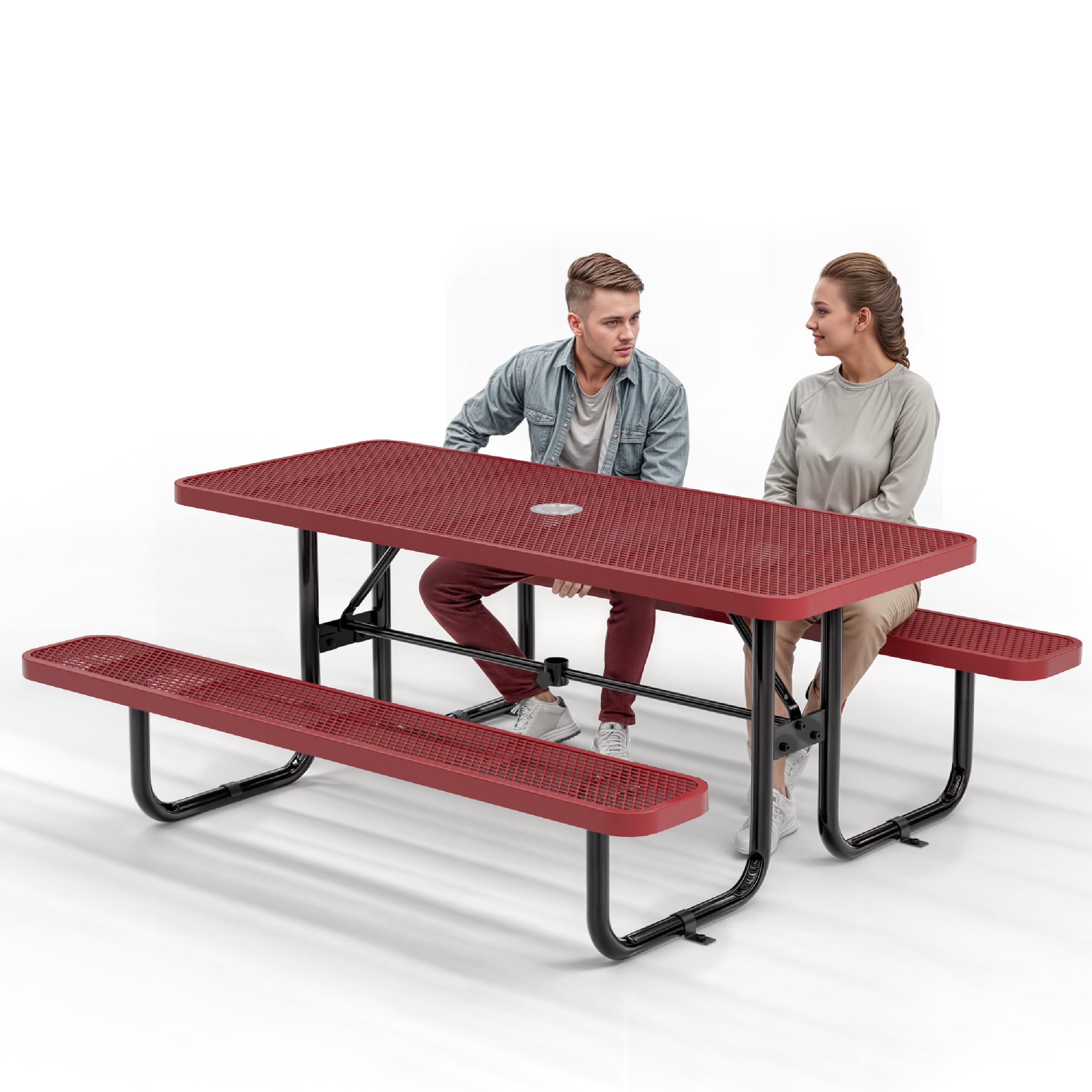 Metal Picnic Furniture for Outdoors with Umbrella Hole - Coated Steel Heavy Duty Commercial Grade Table with Adjustable Seats, Patio Set for a Lifetime (Red, 6' Rectangular)