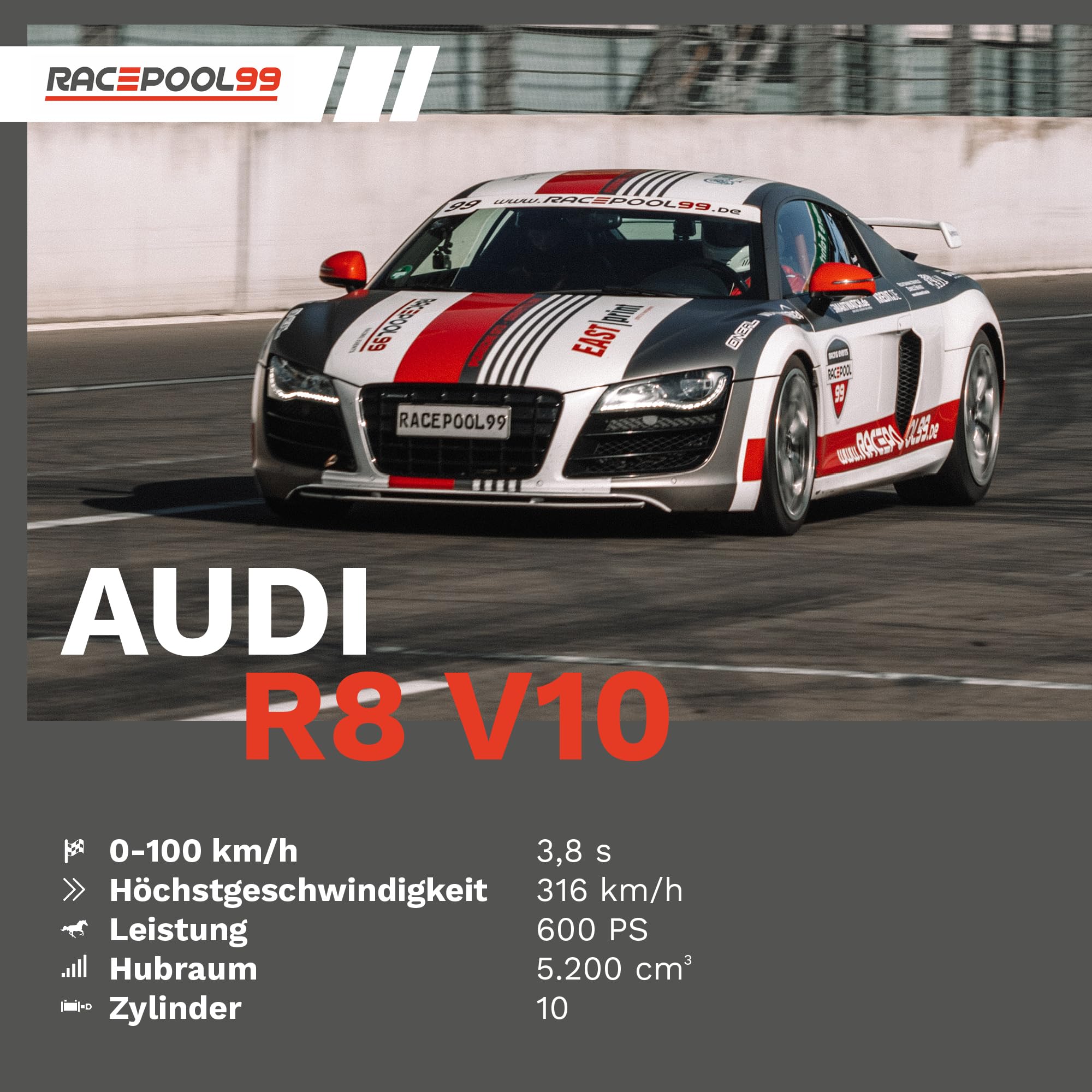 Racepool99® Experiencia Cupón – 3 vueltas de auto conducción en coche deportivo en pista de carreras/regalos para amantes de los coches/regalo para hombres y mujeres