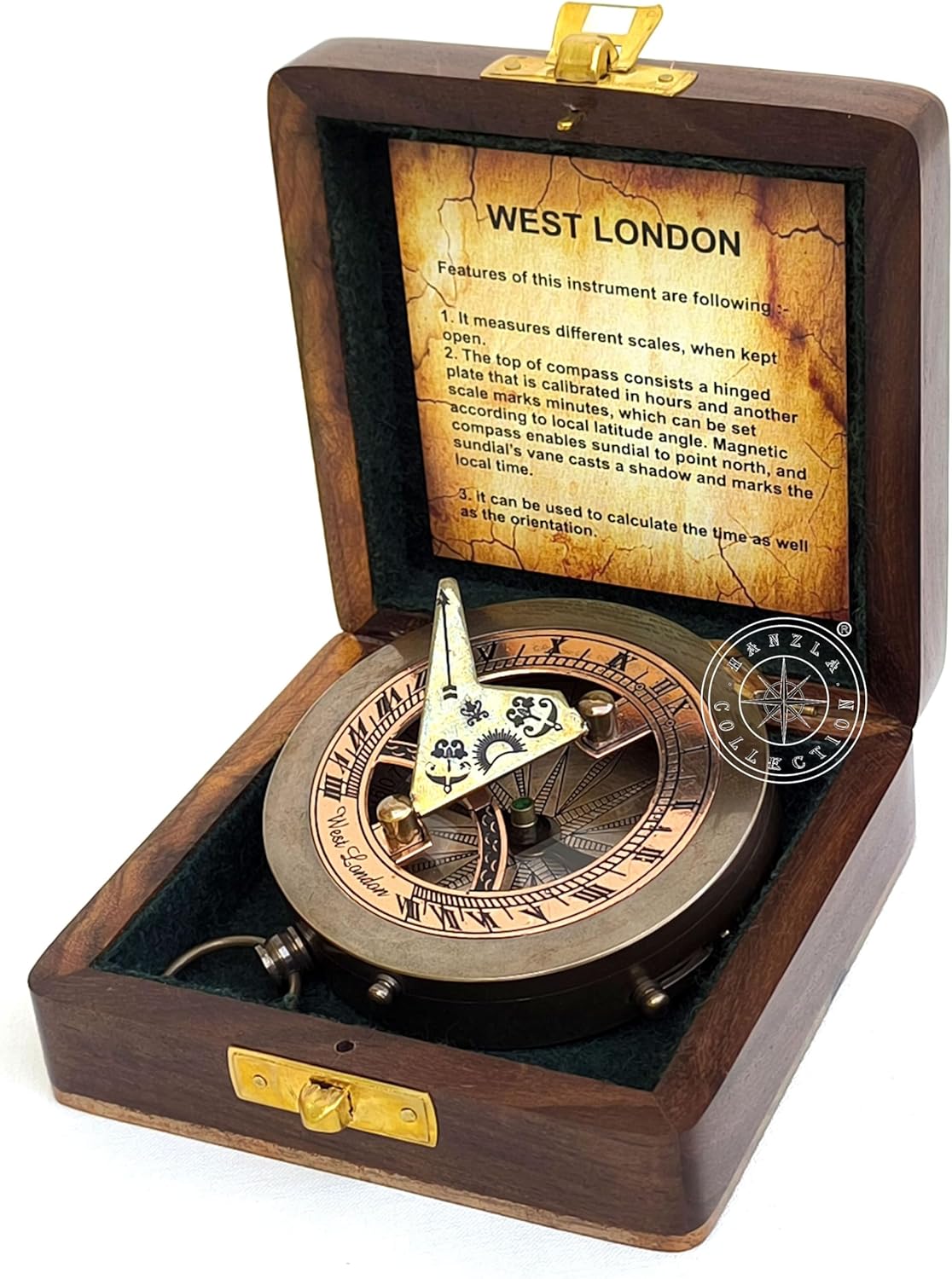 WEST London Brass Sundial - Copper Dial Compass - Steampunk Accessory – Unique Gift for Men - Beautiful Handmade Sundial Clock – Sun Clock with Wooden Box – Antique Decor Clock