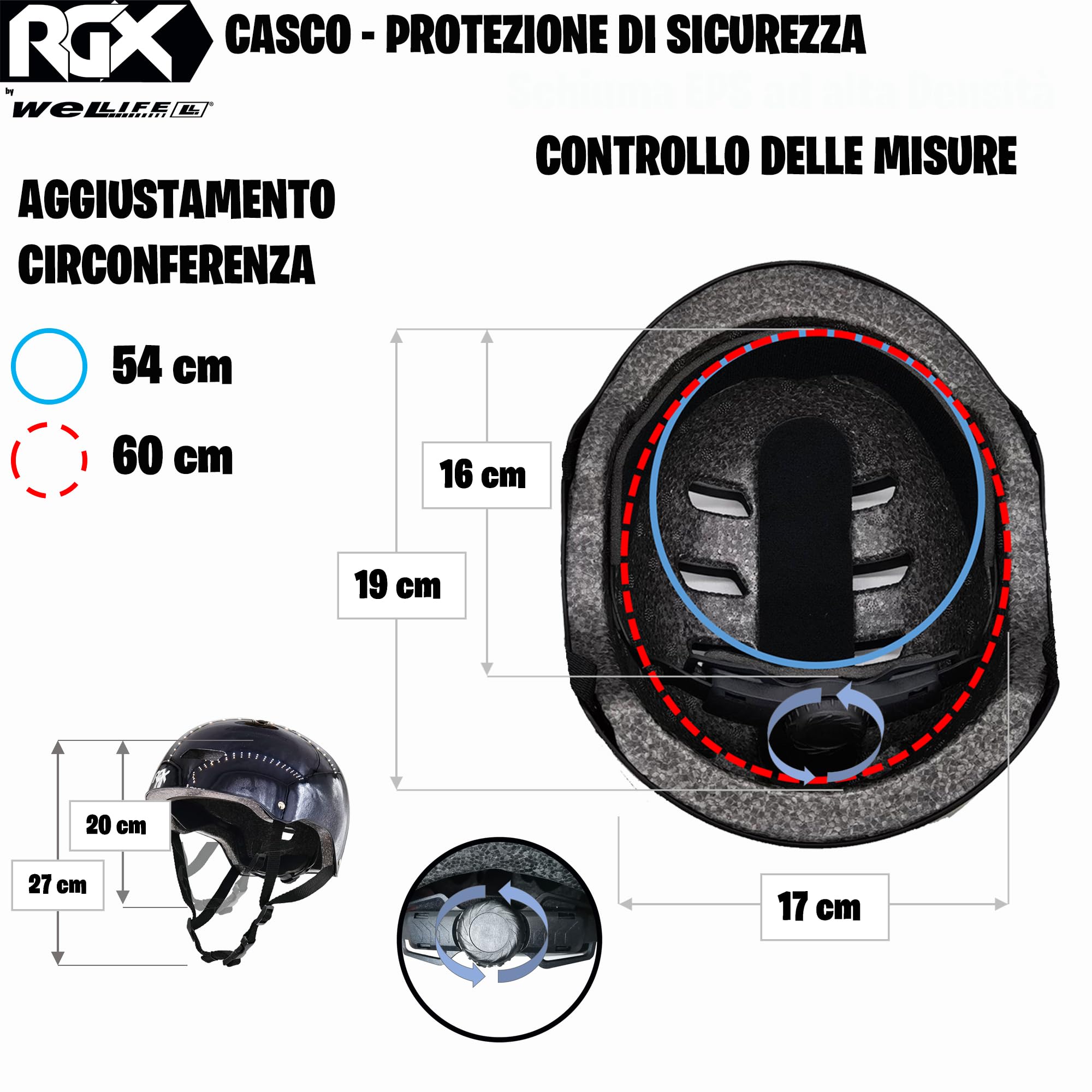 WeLLIFE Casco Regolabile per Ragazzi e Adulti Protezione Elmetto Nero RGX adatto per Skateboard, Bici, Pattini Sicurezza Ideale Multi-Sport Leggero e Sicuro