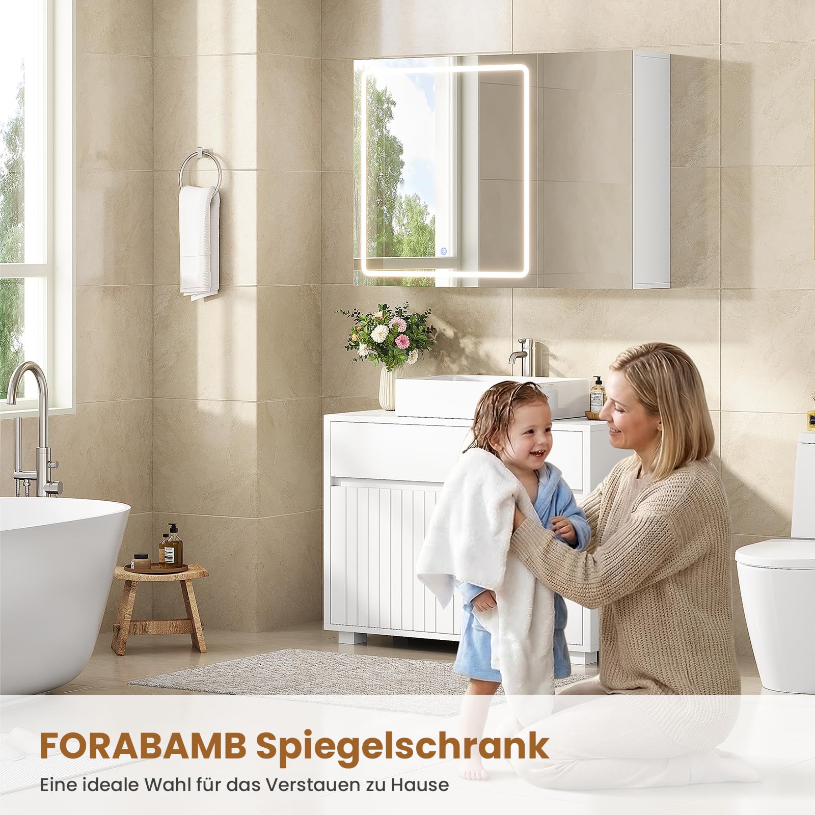 Spiegelschrank Bad 80 cm breit mit LED-Beleuchtung und Steckdose, 16 x 60 x 80 cm, Badezimmerschrank mit HD Spiegel, 3 Verstellbaren Regalen, 3 Farbtemperaturen | Dimmbarer, Badschrank, Weiß