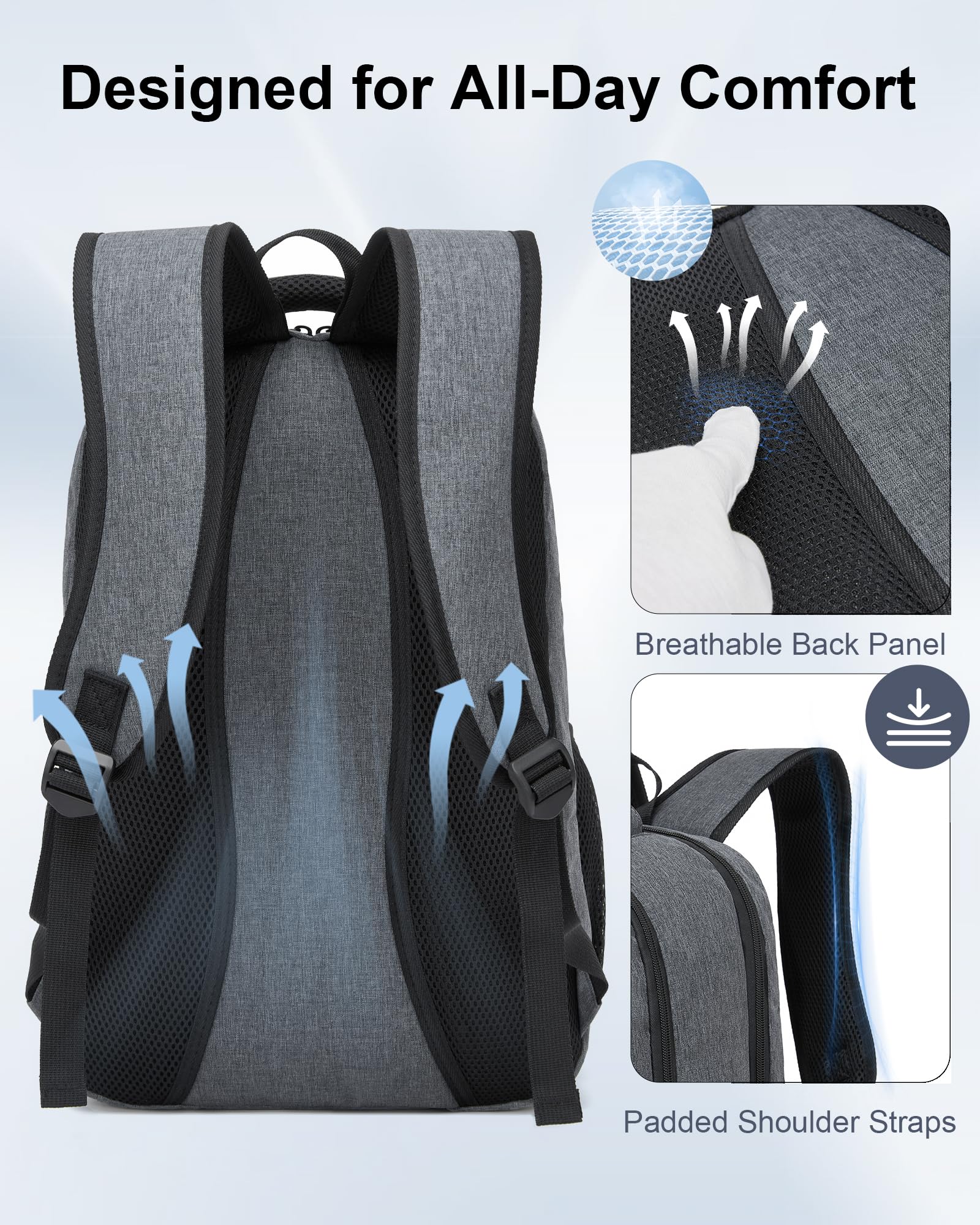 Mochila Portátil 15,6 Pulgadas Hombre Mujer, Mochila Trabajo con Compartimento PC Apertura Completa, Ligera Antirrobo para Viaje Oficina Universidad Diario (Gris)