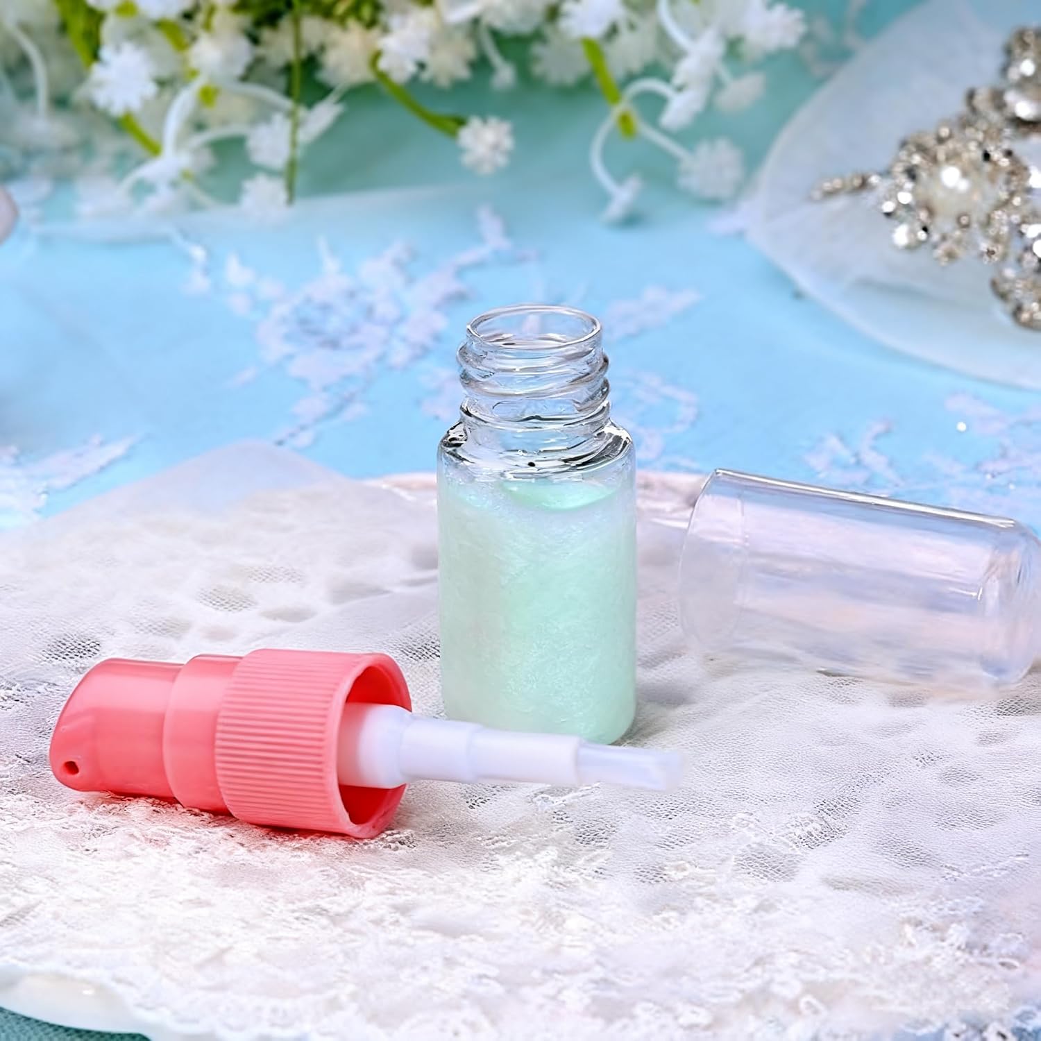 6Pcs 10ml Portable Plastic Lotion Pump Bottles Refillable Cosmetic Make-up Sample Packing Travel Toiletries Liquid Container Vial Jar for Emulsion Essence
