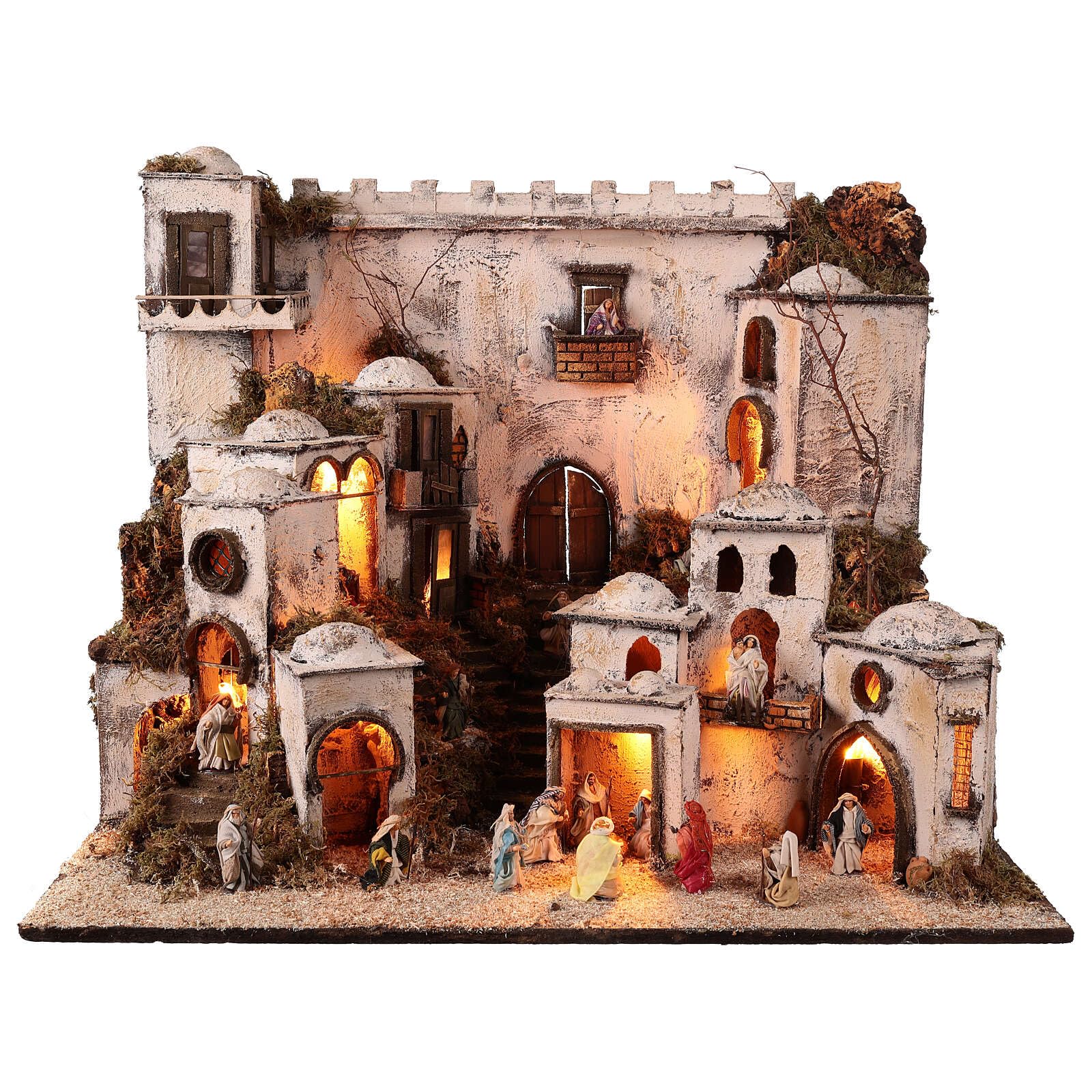 Holyart Complete Arab Nativity Scene with fire 65x75x50 for 6 cm Nativity Scenes, EmptyDepth: 50 cm|Statues Height: 6 cm|Width: 75 cm|Height: 65 cm