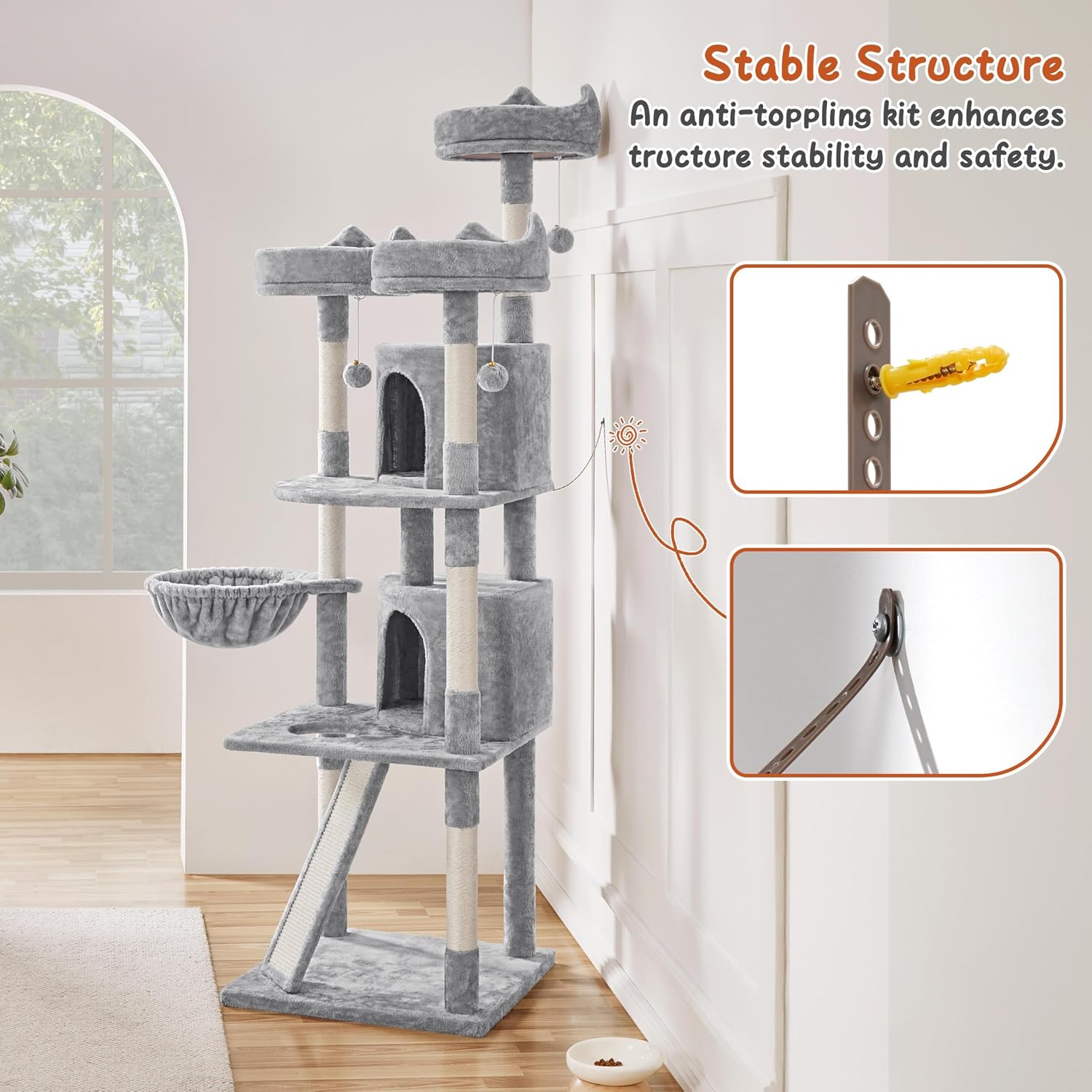 Yaheetech 76in Cat Tree Multi-Level Cat Tower with Large Cat Condo＆Cozy Perches Stable Pet Play House w/Sisal-Covered Scratching Posts＆Board for Indoor Cats, Light Gray