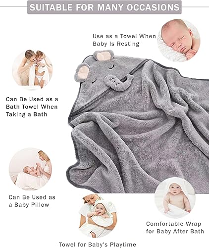Miniatura 4 de Toallas con capucha de elefante gris, 3 piezas, toallas de baño para niños pequeños, niños y niñas, regalos de ducha, paño suave absorbente de