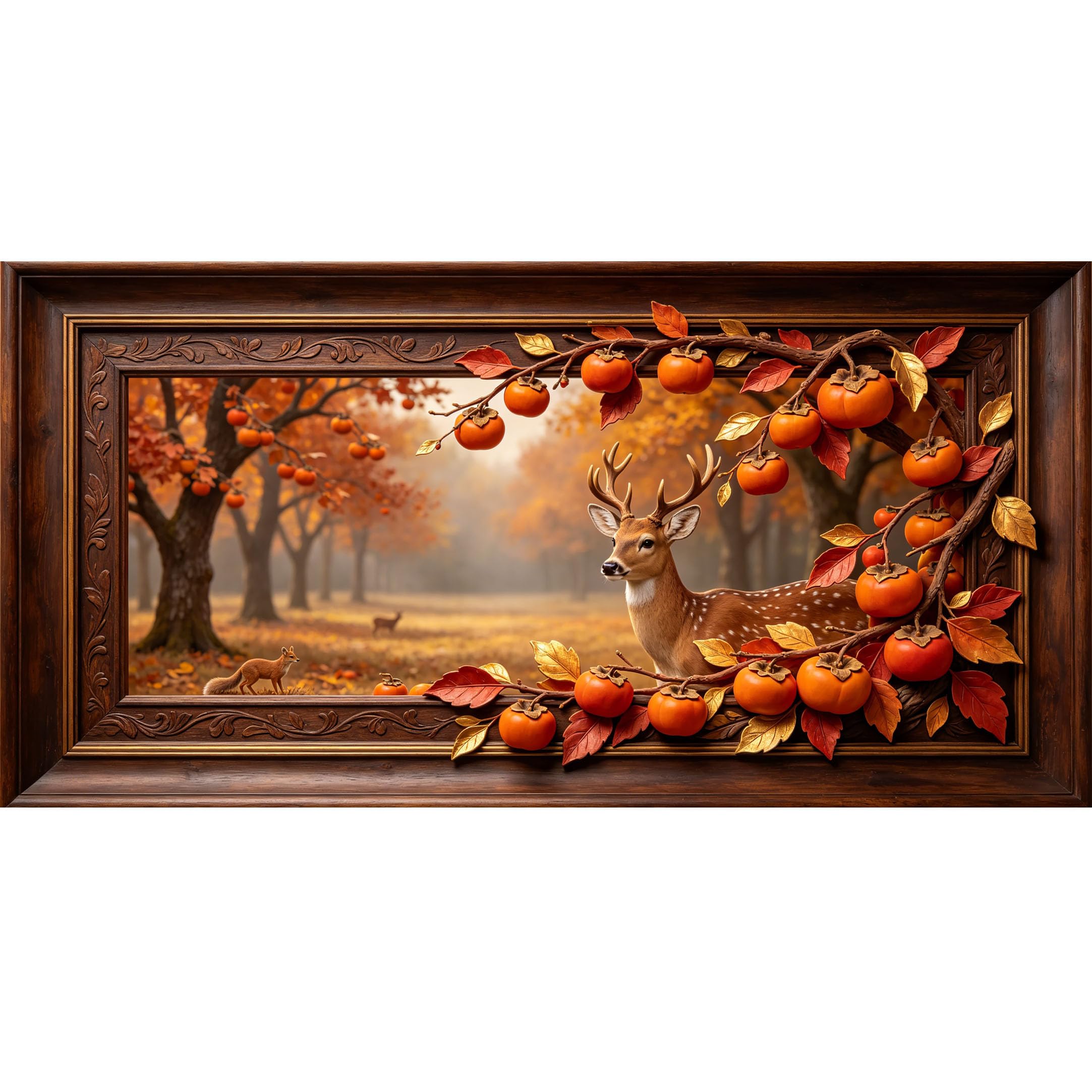 Agglomerix 3D Framed Wall Art Deer Persimmon Forest Autumn Landscape Large Size Self-Adhesive Removable Wall Decor Prints Artwork for Living Room Bedroom Office