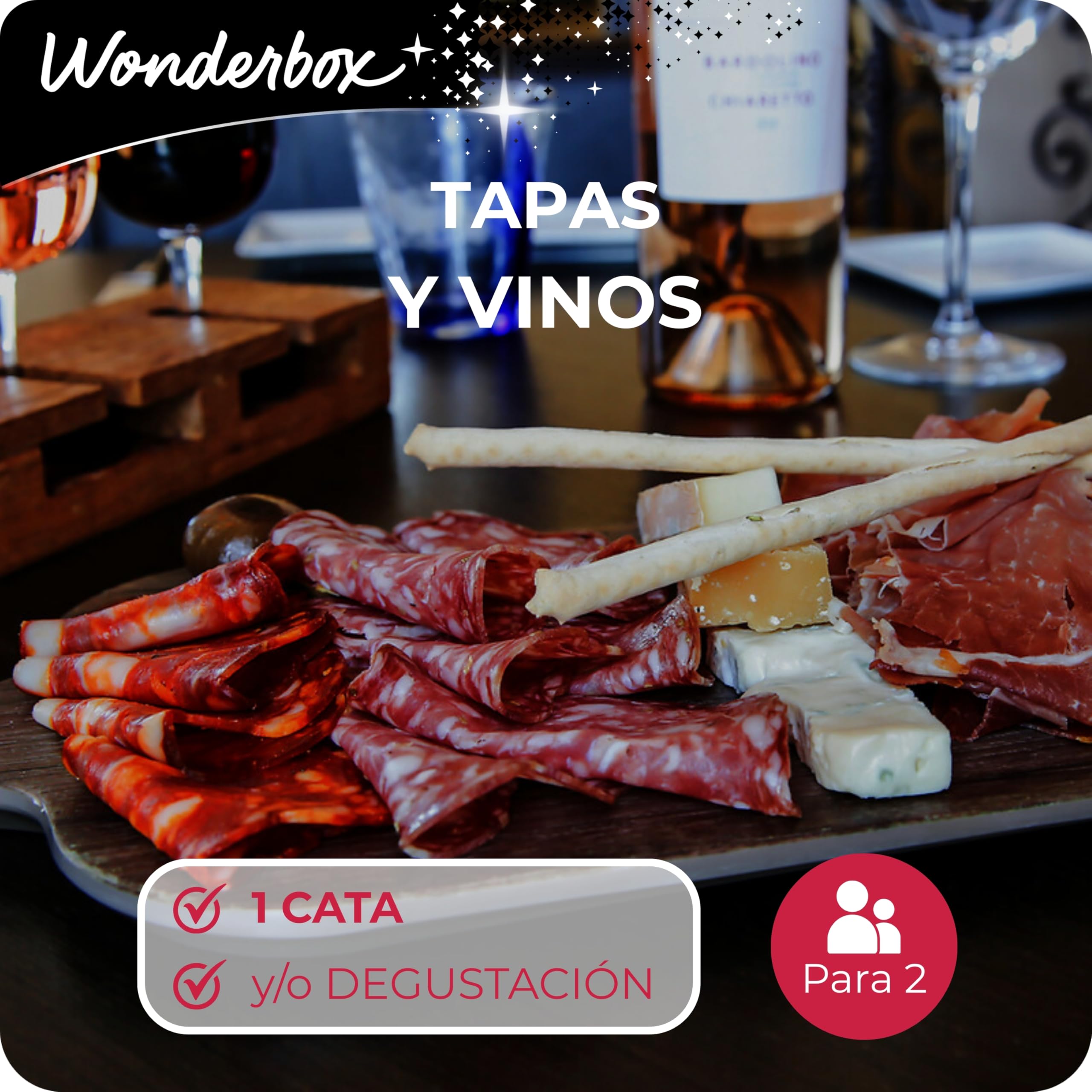 Imagen de la caja regalo Wonderbox 'Tapas y Vinos', mostrando su diseño y el tipo de experiencias que ofrece.