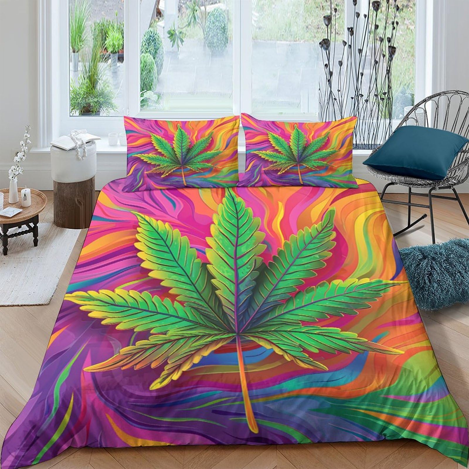 Ctjqhvkz Style-5 3D Printed Psychedelic Leaf Fitted Sheet Microfiber Vibrant Rainbow Bed Cover For Bedroom Dorm Guest Room Easy Care Decor Single（135X200cm）