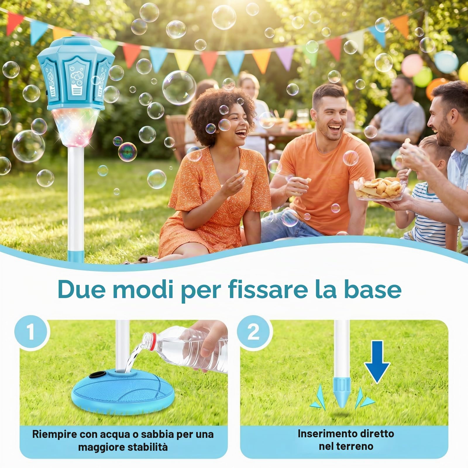 Macchina Bolle di Sapone con Telecomando, 3 Altezze Regolabili fino a 119cm, Luce RGB e Musica, Batteria Ricaricabile USB, Base Stabile, per Bambini Festa Outdoor Matrimonio Giardino