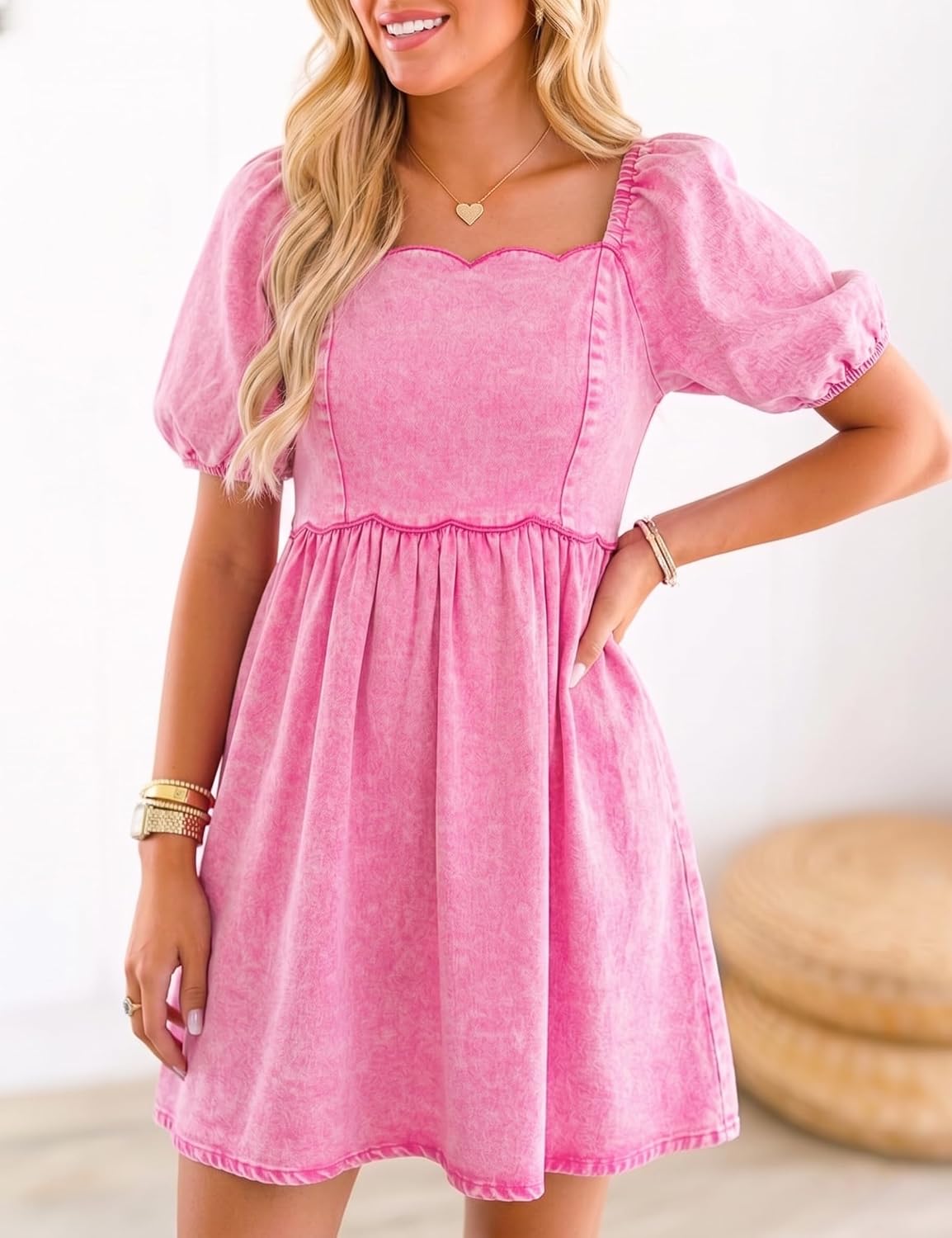 Denim Dress for Women Western Jean Babydoll Country Concert Outfits | Baby Doll, Cowgirl, Puff Sleeve, Sweetheart Neckline, Mini, Casual, 2026 Romper with Pockets, Festival, Summer, Spring, Fall thumbnail