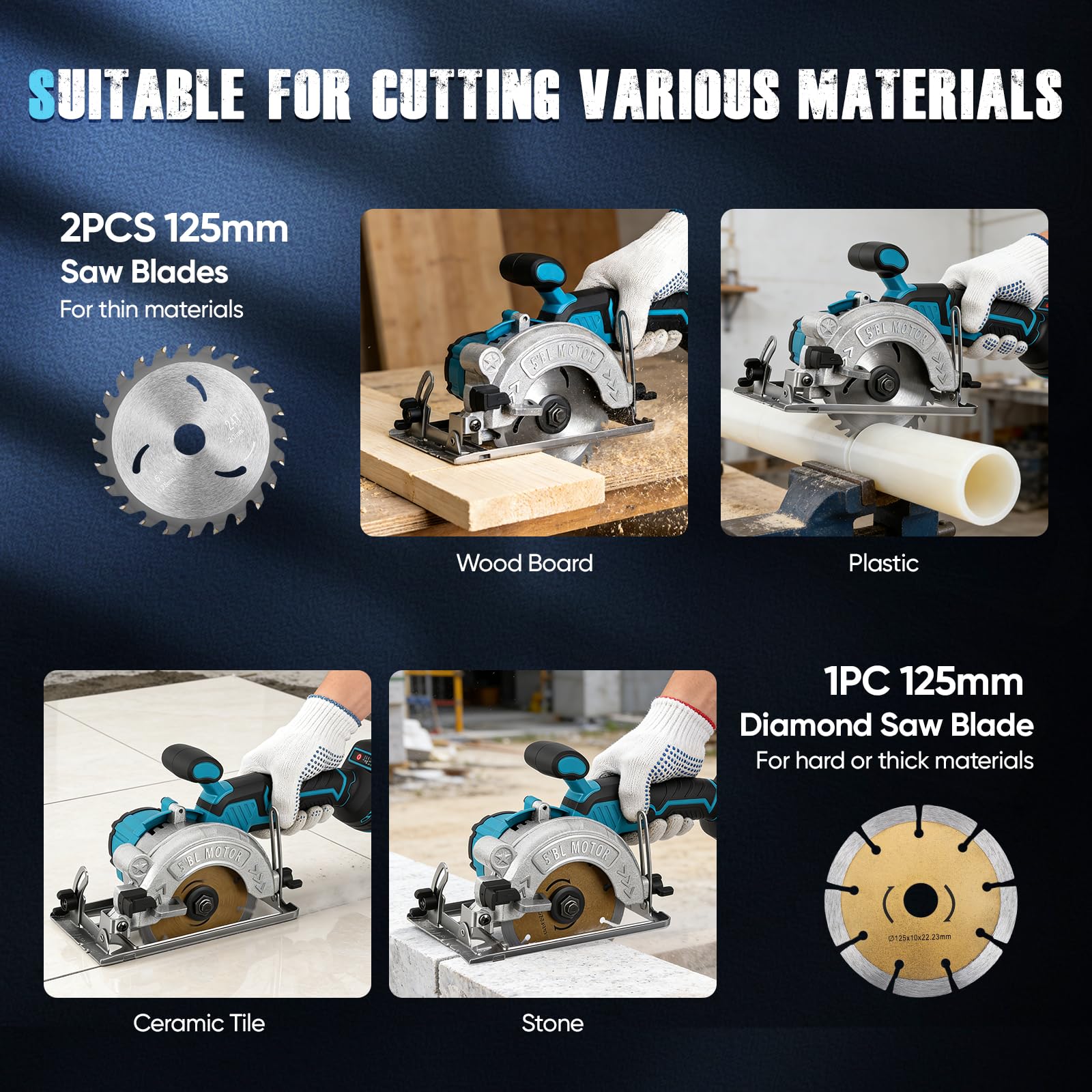 Sierra circular inalámbrica para Makita 18 V, batería de litio, sin escobillas, mini sierra circular 125mm de mano con 3 hojas, Corte 48mm, Inalámbrica para Madera y Bricolaje