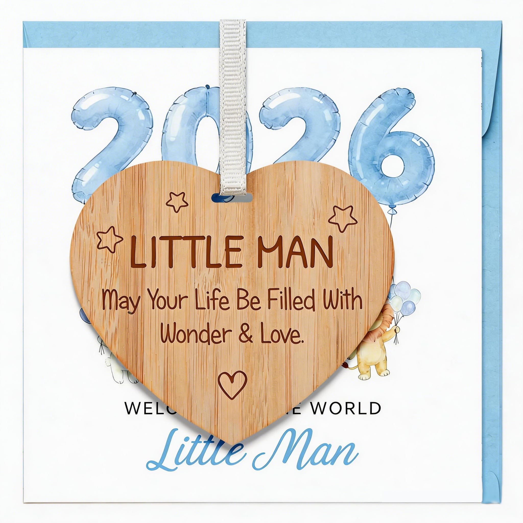 TheGiffter 2026 New Baby Boy Card, Baby Boy Welcome To The World Card with Wooden Heart Plaque,Baby Shower Greeting Card with Envelope,Congratulations On Your New Baby for Nephew Godson Grandson — image 1