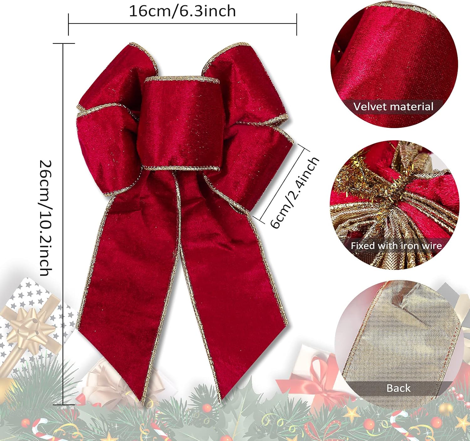 RECUTMS Christmas Tree Bows for Wreaths Winter Bow Picks Christmas Tree Bows Holiday Party Seasonal Wedding Decoration (Red)