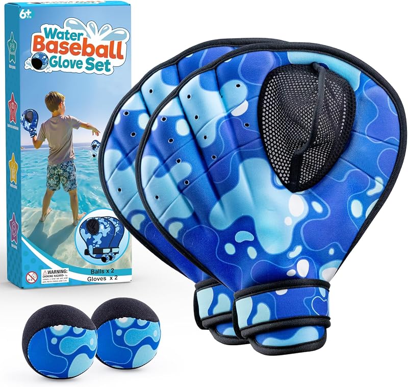 Water Baseball Gloves Bouncing Ball Set, Toys for Pool Beach Lake | 2 Baseball Style Glove for Catch Skipping Ball, Games for Kids Age 8-12, Adult, Family, Birthday Gift for Boys Girls & Men